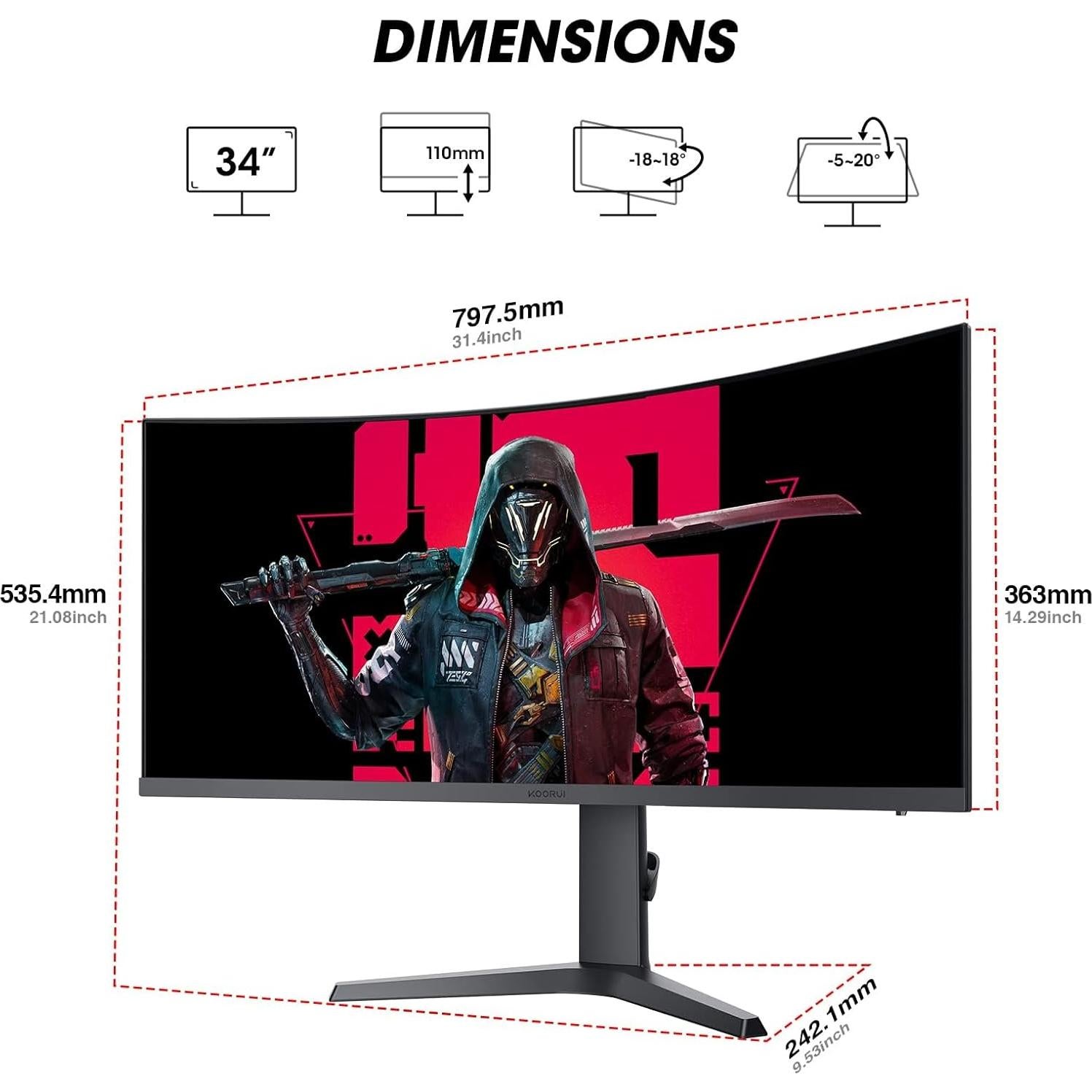 Monitor de Juego KOORUI 34" Ultrawide Curvado WQHD 165Hz