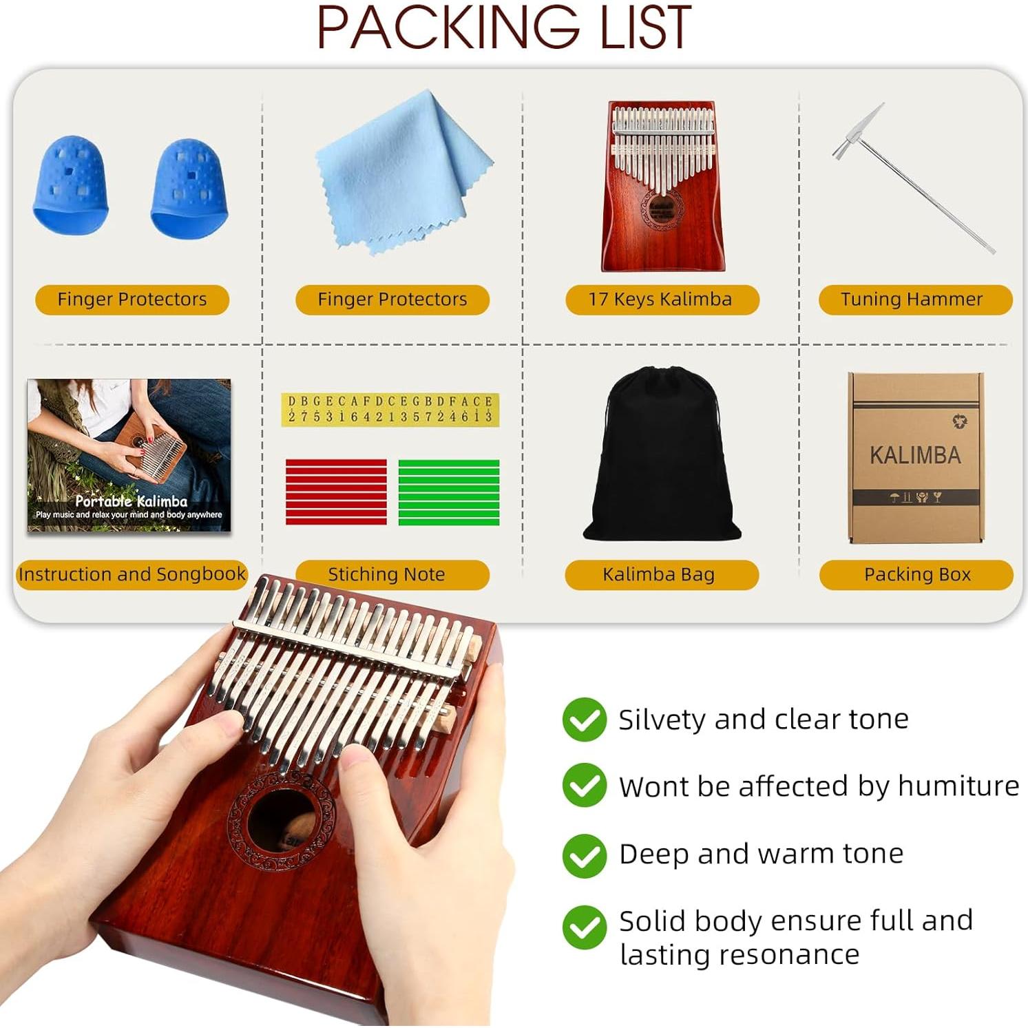 Kalimba YUNDIE 17 Teclas de Madera Portátil Rojo Marrón