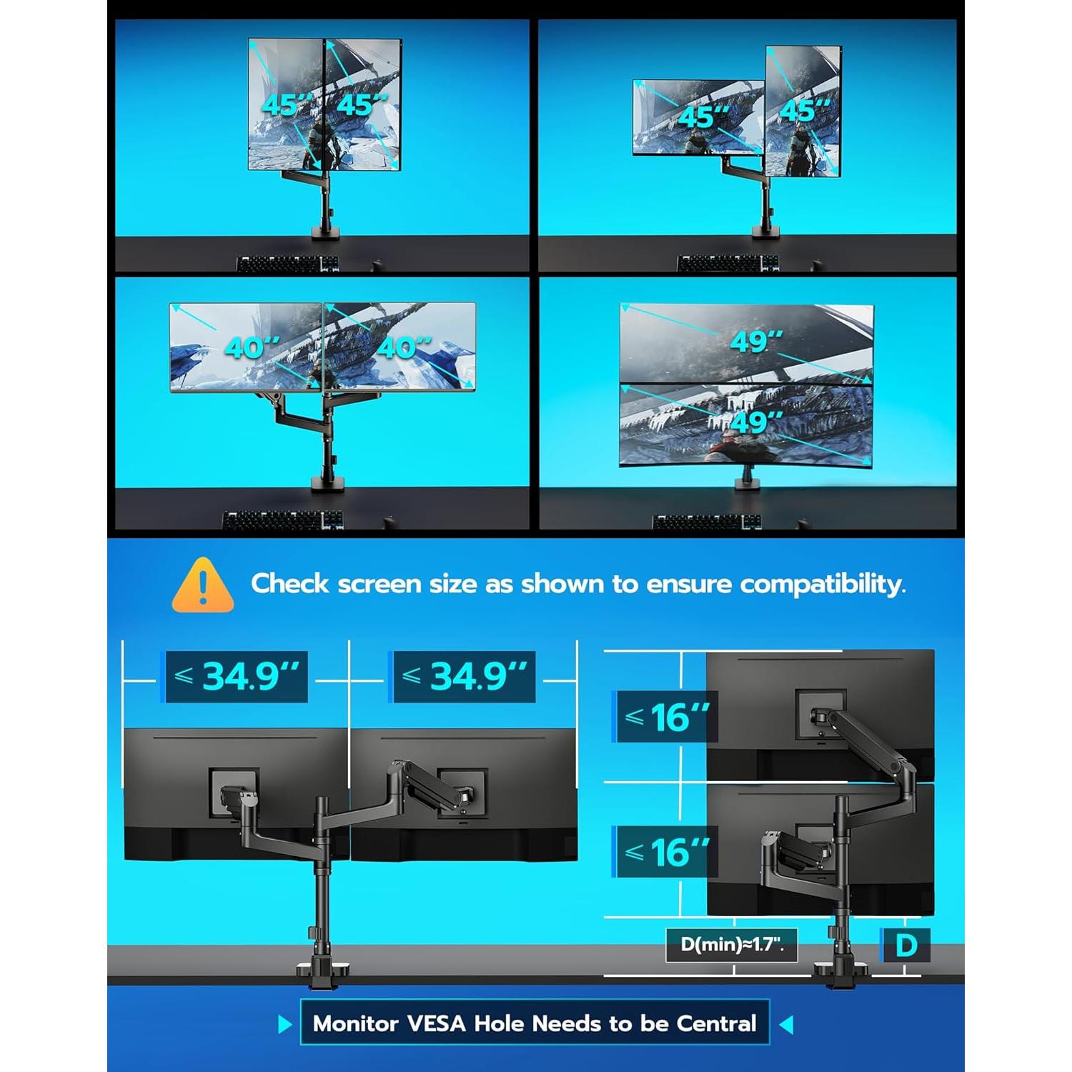 Brazo Doble para Monitor ARES WING 17-49" con USB Negro