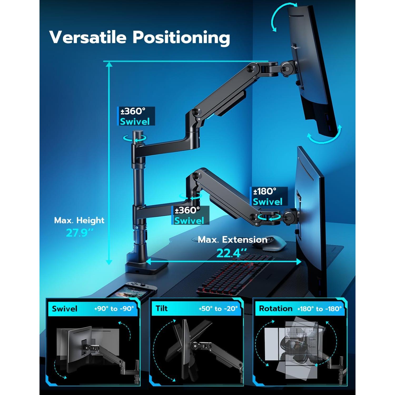 Brazo Doble para Monitor ARES WING 17-49" con USB Negro