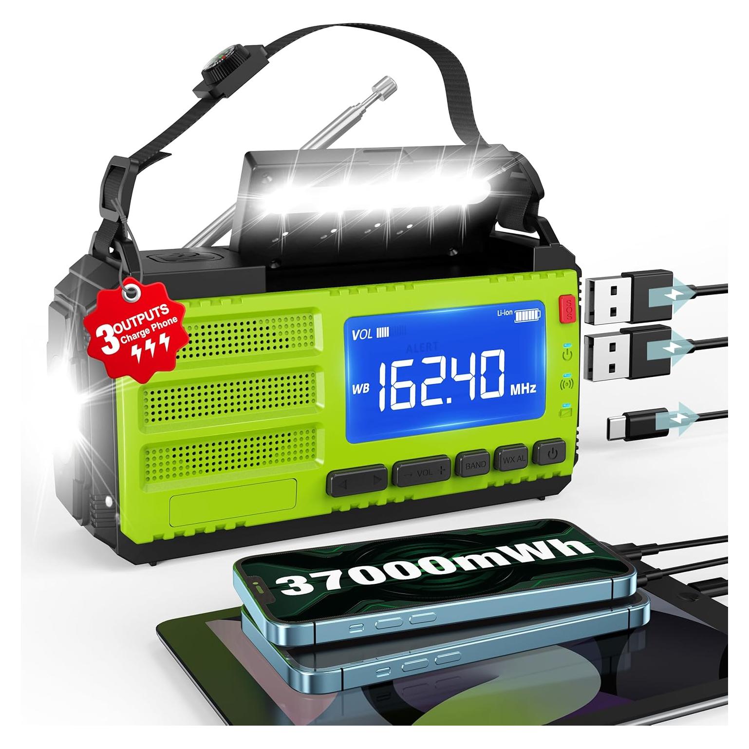 10000wAh/37000mWh Hand Crank Emergency Radio, AM FM NOAA Weather Alert Radio, Portable, Solar, 4 Charging Methods, 3-Mode Flashlight, Reading Lamp, SOS Alarm, Phone Charger for Winter Storm Emergency