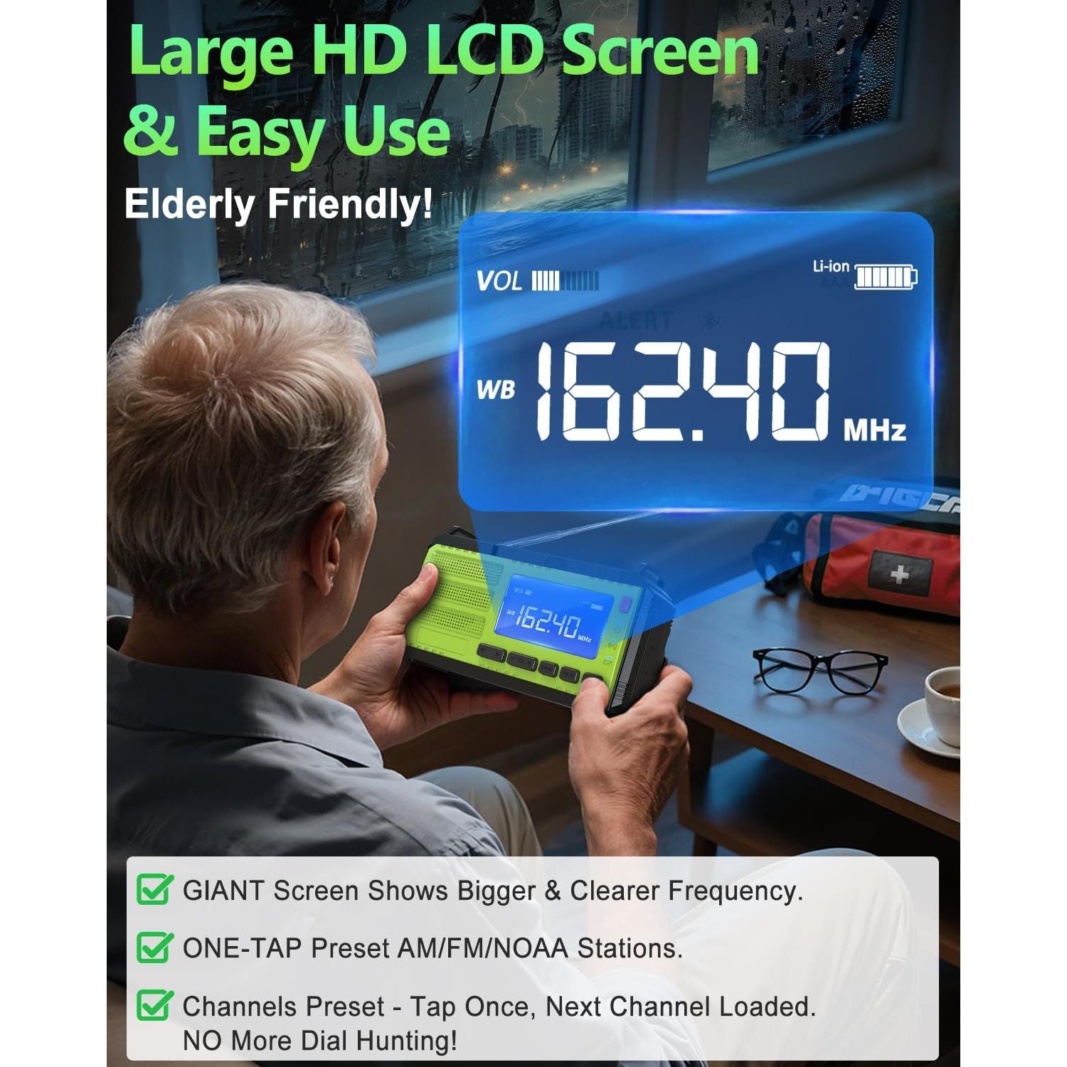 10000wAh/37000mWh Hand Crank Emergency Radio, AM FM NOAA Weather Alert Radio, Portable, Solar, 4 Charging Methods, 3-Mode Flashlight, Reading Lamp, SOS Alarm, Phone Charger for Winter Storm Emergency