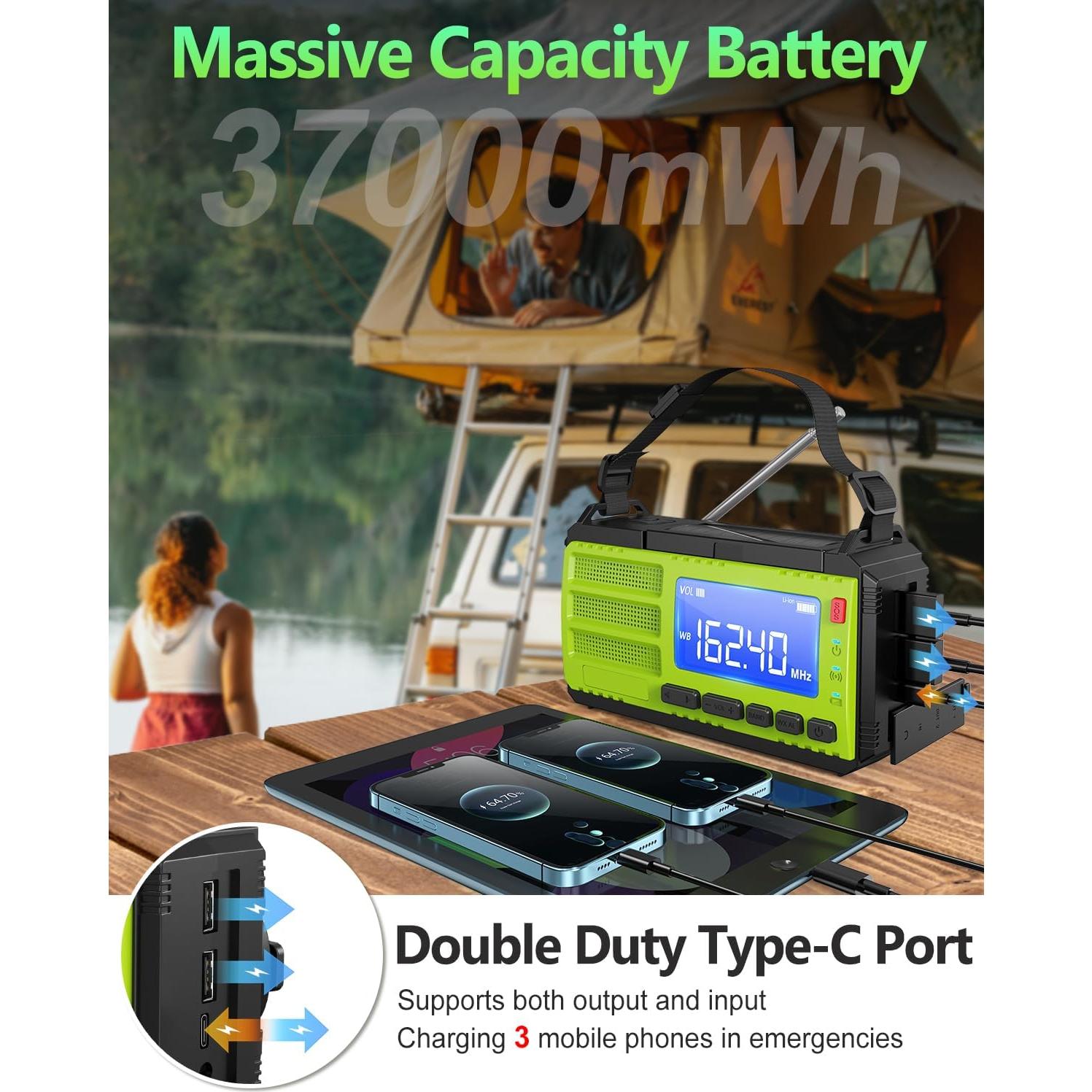 10000wAh/37000mWh Hand Crank Emergency Radio, AM FM NOAA Weather Alert Radio, Portable, Solar, 4 Charging Methods, 3-Mode Flashlight, Reading Lamp, SOS Alarm, Phone Charger for Winter Storm Emergency