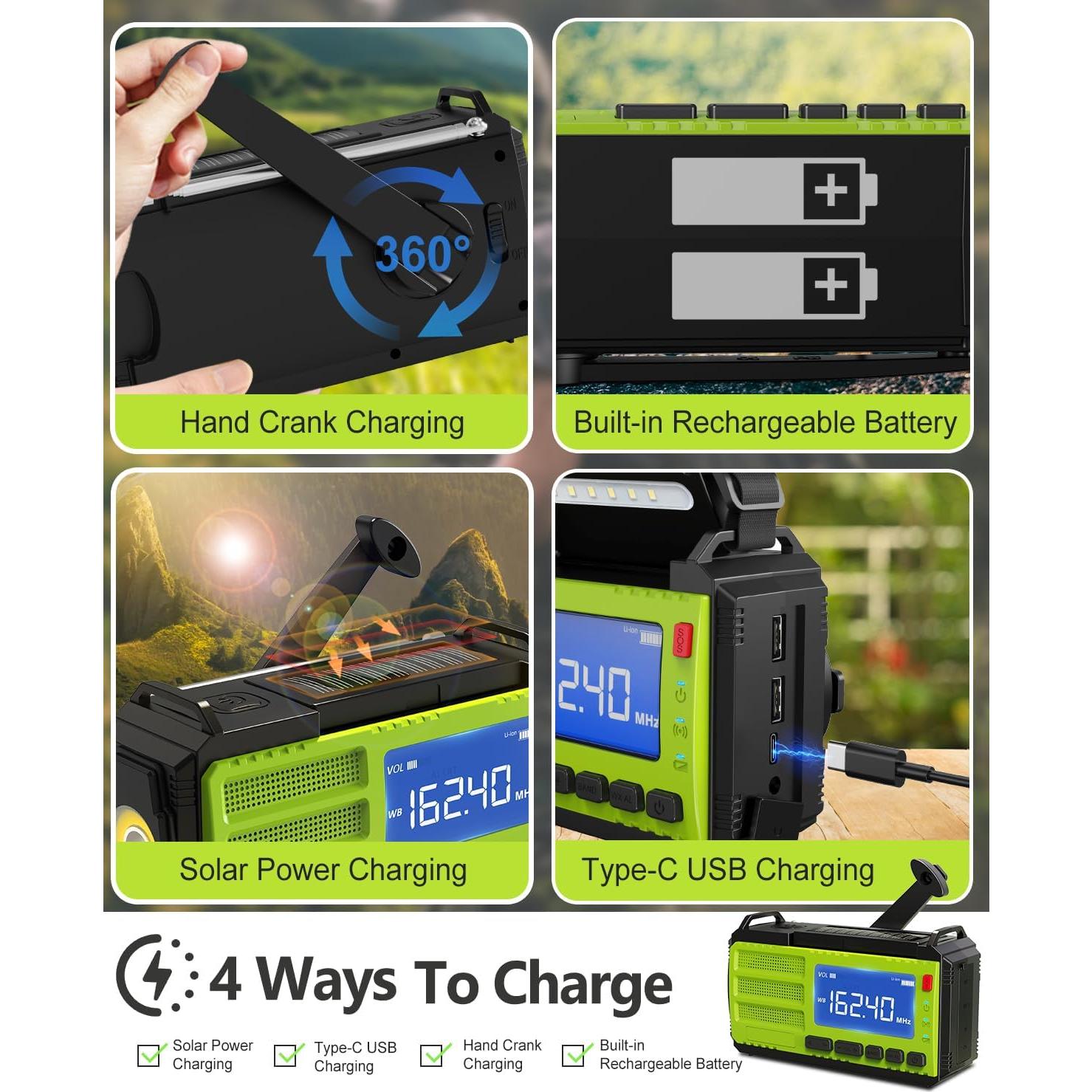 10000wAh/37000mWh Hand Crank Emergency Radio, AM FM NOAA Weather Alert Radio, Portable, Solar, 4 Charging Methods, 3-Mode Flashlight, Reading Lamp, SOS Alarm, Phone Charger for Winter Storm Emergency