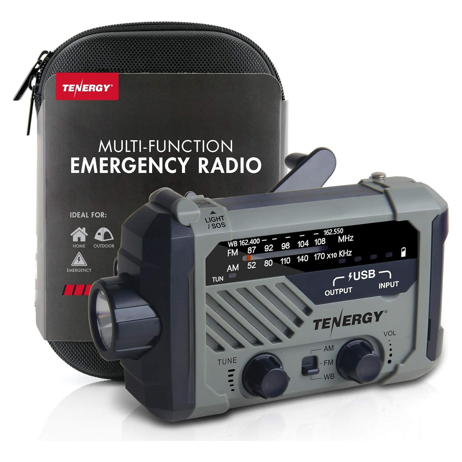 Tenergy Multifunctional Hand Crank Weather Radio with LED Flashlights, SOS Alarm, Cell Phone Charger, AM/FM/NOAA Radio Frequencies, Ideal for Emergencies