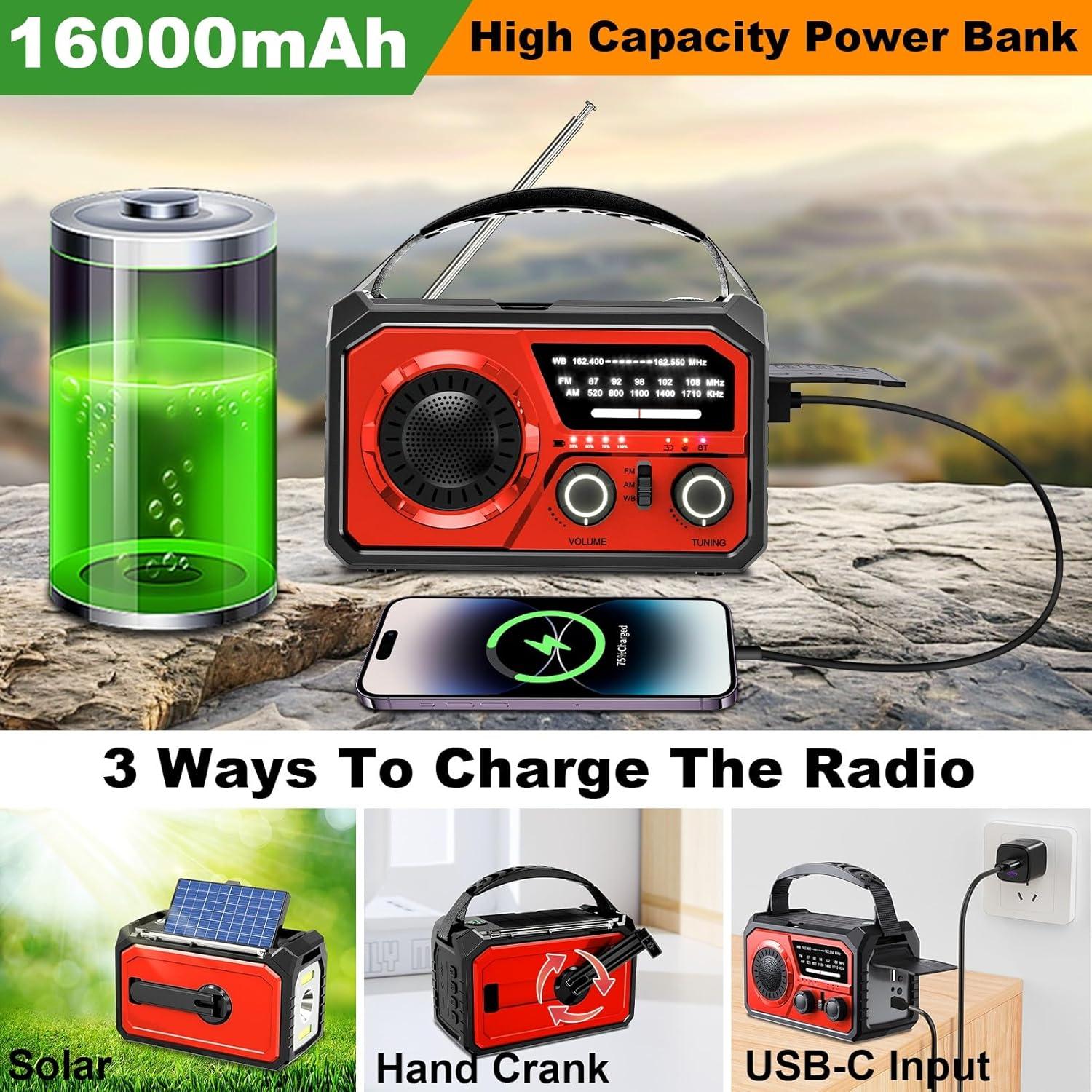 Radio de Emergencia ZZMICHP 16000mAh Bluetooth Solar NOAA