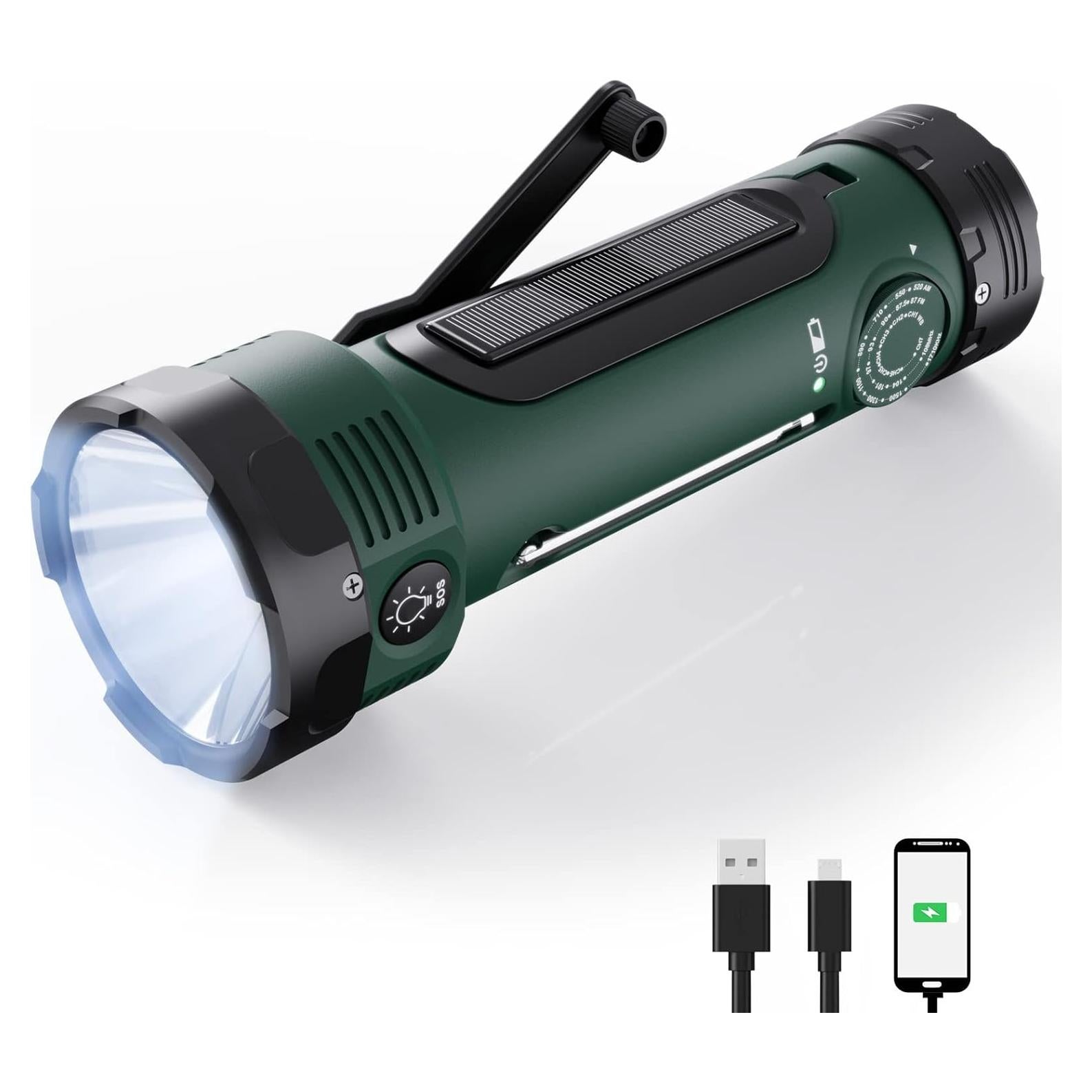 Hand Crank Flashlight, 3000mAh NOAA Weather Radio Flashlights with 3 Way Power Sources, Wind Up Flashlight Hand Crank Cell Phone Charger, Portable Radio AM/FM with Reading Lamp for Emergency/Outdoor