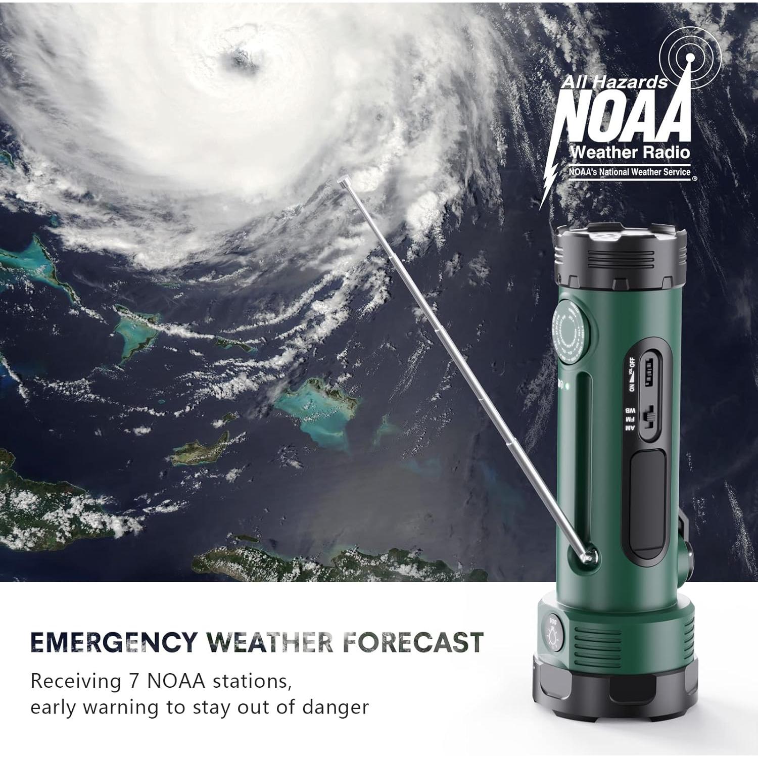 Hand Crank Flashlight, 3000mAh NOAA Weather Radio Flashlights with 3 Way Power Sources, Wind Up Flashlight Hand Crank Cell Phone Charger, Portable Radio AM/FM with Reading Lamp for Emergency/Outdoor