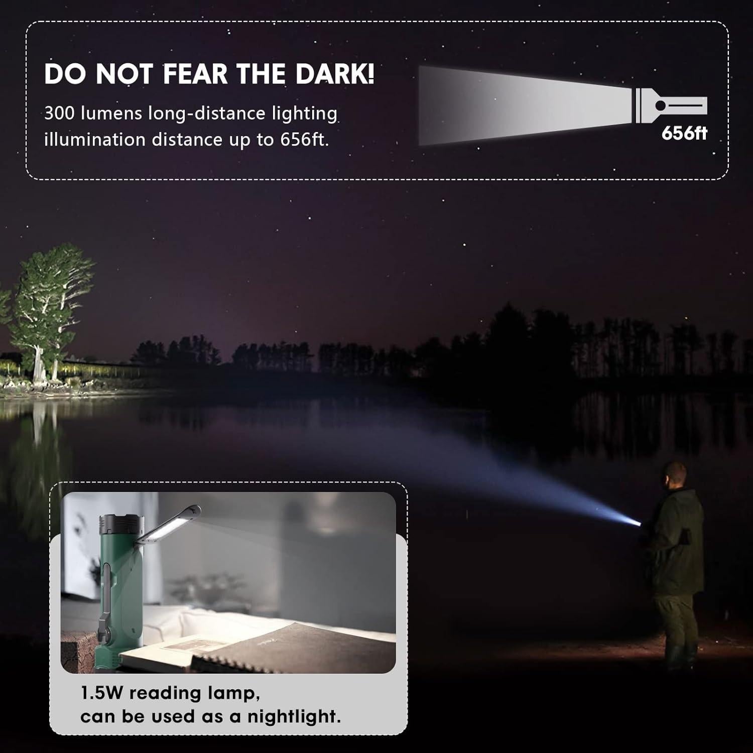 Hand Crank Flashlight, 3000mAh NOAA Weather Radio Flashlights with 3 Way Power Sources, Wind Up Flashlight Hand Crank Cell Phone Charger, Portable Radio AM/FM with Reading Lamp for Emergency/Outdoor