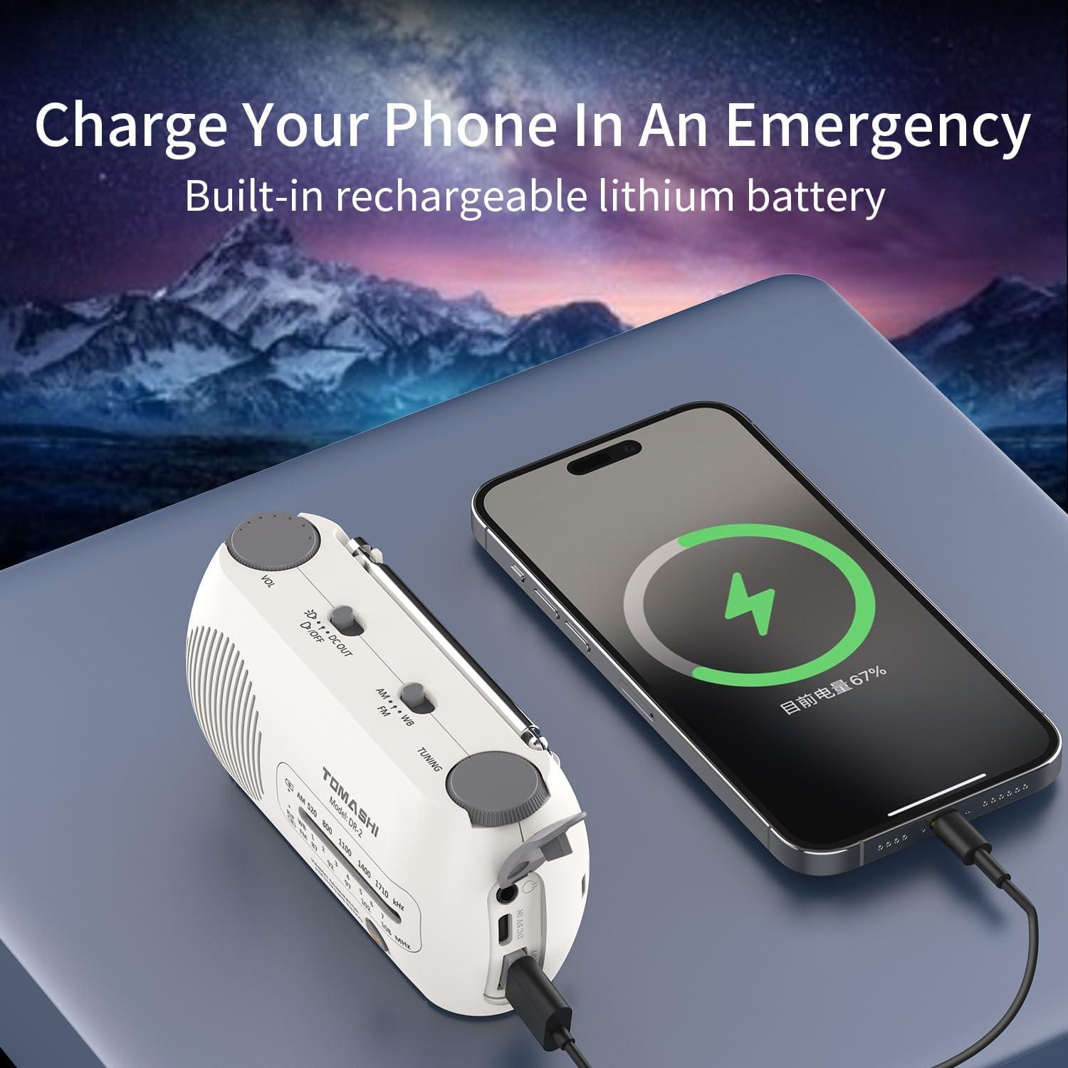 Radio de Emergencia Portátil TOMASHI DR-2 AM/FM NOAA con Linterna