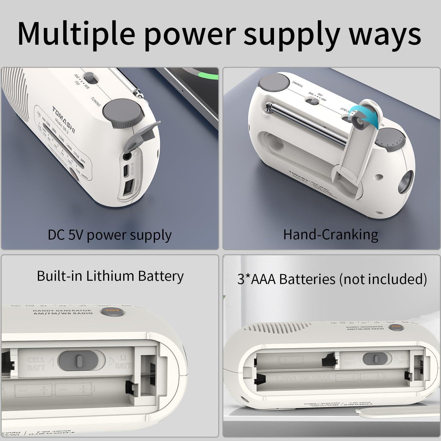 Radio de Emergencia Portátil TOMASHI DR-2 AM/FM NOAA con Linterna
