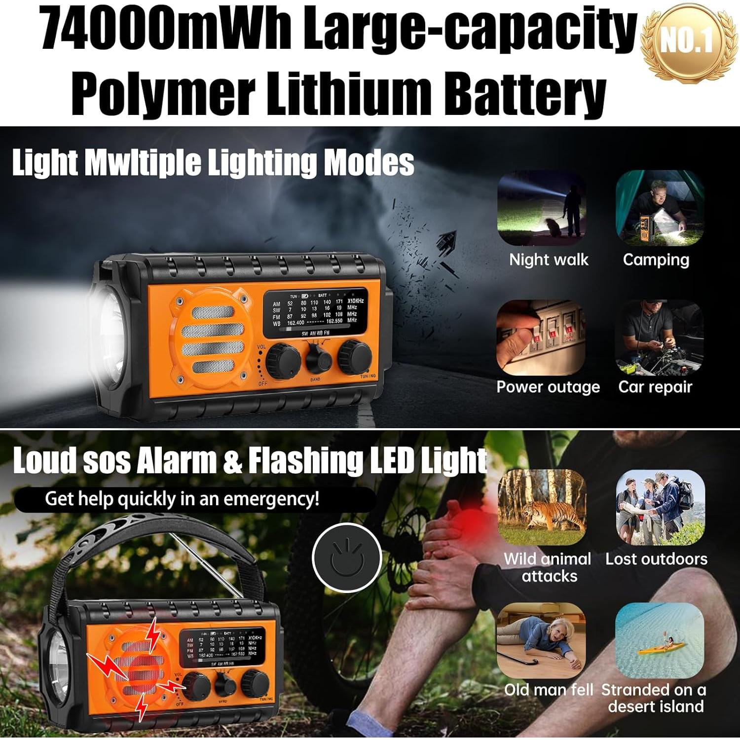 Radio de Emergencia QAUYYW 74000mWh Solar Manivela IPX6