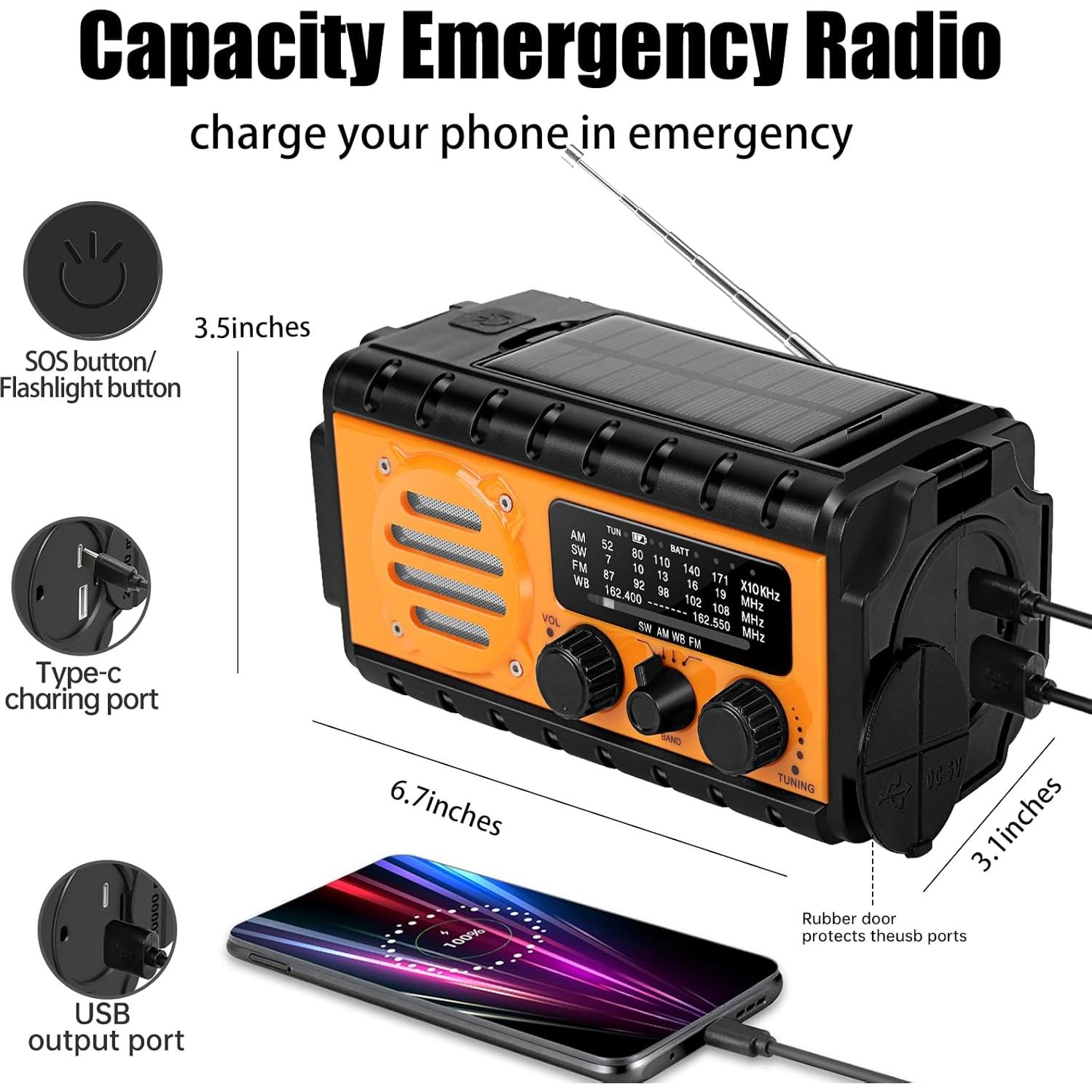 Radio de Emergencia QAUYYW 74000mWh Solar Manivela IPX6