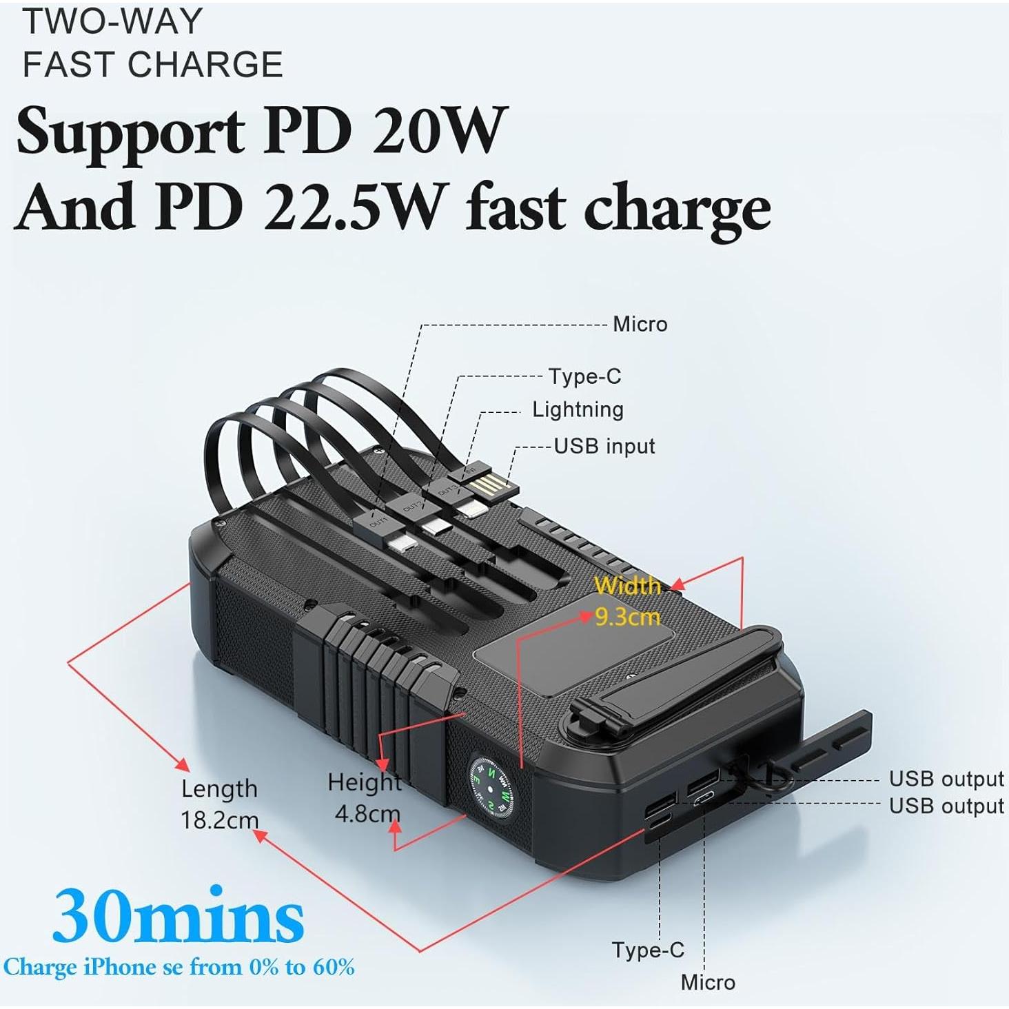 Banco de Energía Solar KIGOKER 66800mAh con Manivela y 4 Puertos