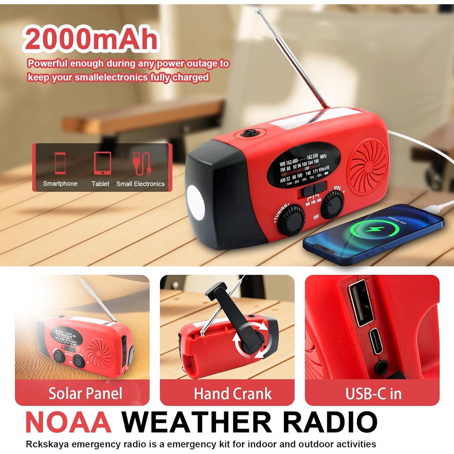 Radio de Emergencia Rckskaya NOAA Manivela Solar 2000mAh
