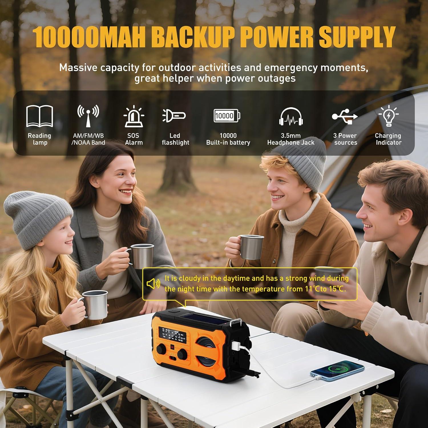 Hand Crank Emergency Radio, 10000mAh Weather Radio with AM/FM/NOAA, Solar Prower, SOS Alarm, Phone Charging, LED Flashlight, Portable Survival Gear for Outdoor & Home Emergencies Kits, Orange