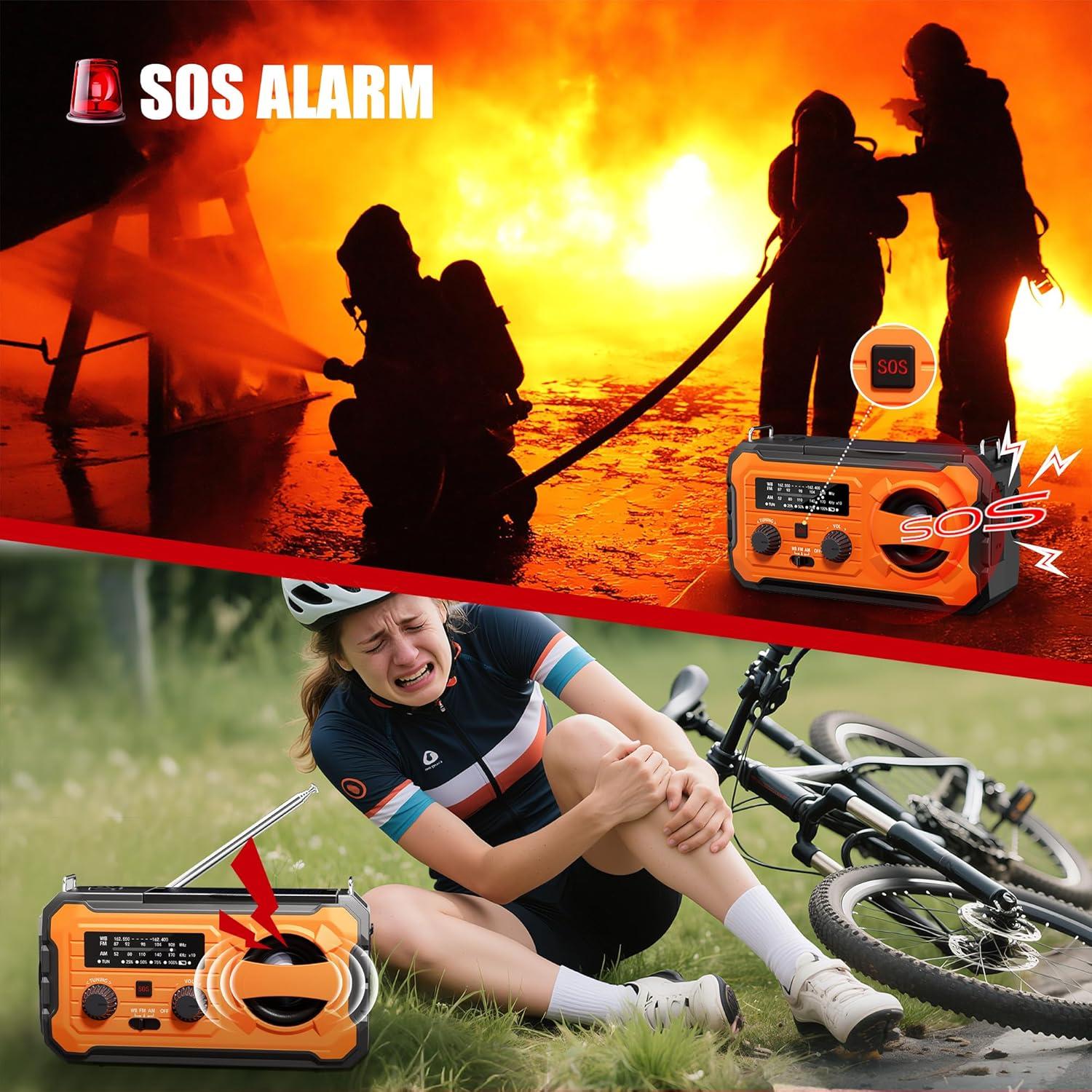 Hand Crank Emergency Radio, 10000mAh Weather Radio with AM/FM/NOAA, Solar Prower, SOS Alarm, Phone Charging, LED Flashlight, Portable Survival Gear for Outdoor & Home Emergencies Kits, Orange