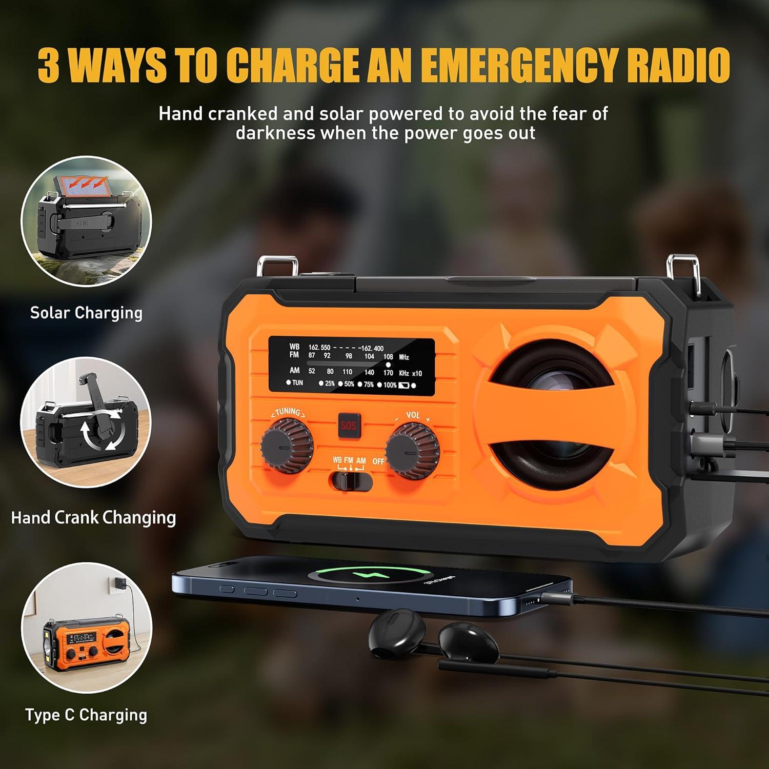 Hand Crank Emergency Radio, 10000mAh Weather Radio with AM/FM/NOAA, Solar Prower, SOS Alarm, Phone Charging, LED Flashlight, Portable Survival Gear for Outdoor & Home Emergencies Kits, Orange