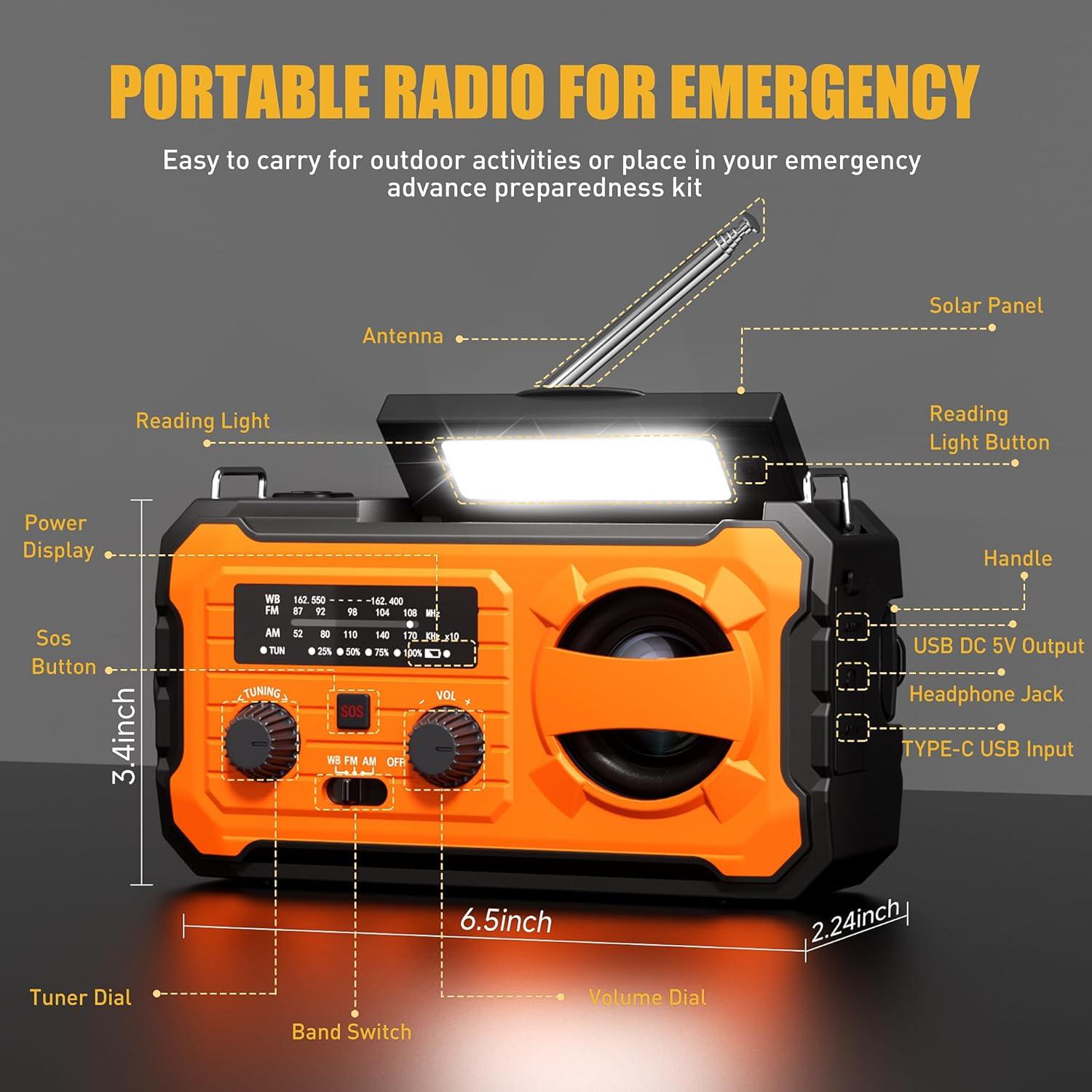 Hand Crank Emergency Radio, 10000mAh Weather Radio with AM/FM/NOAA, Solar Prower, SOS Alarm, Phone Charging, LED Flashlight, Portable Survival Gear for Outdoor & Home Emergencies Kits, Orange