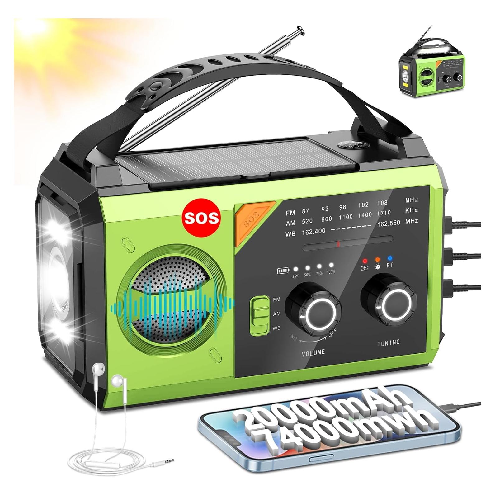 20000mAh Hand Crank Emergency Radio,AM/FM NOAA Weather Radio with 74000mWh Power Bank Cell Phone Charger,Solar Radio with LED Flashlight,USB Charged,Compass,SOS Alarm Camping & Survival(Grass Green)