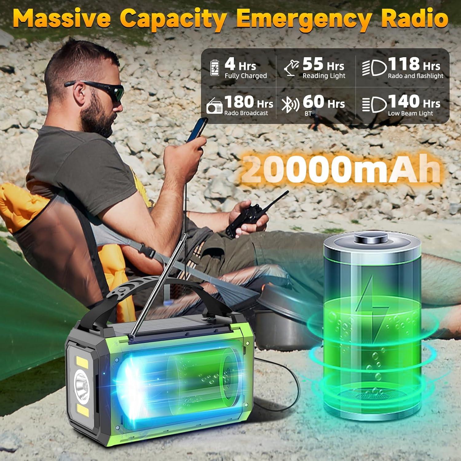 20000mAh Hand Crank Emergency Radio,AM/FM NOAA Weather Radio with 74000mWh Power Bank Cell Phone Charger,Solar Radio with LED Flashlight,USB Charged,Compass,SOS Alarm Camping & Survival(Grass Green)