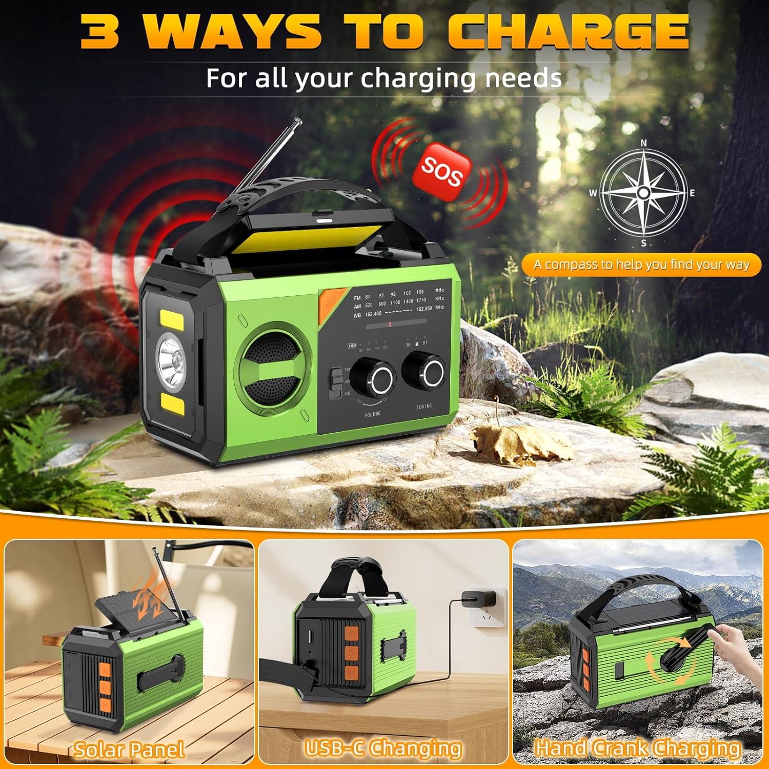20000mAh Hand Crank Emergency Radio,AM/FM NOAA Weather Radio with 74000mWh Power Bank Cell Phone Charger,Solar Radio with LED Flashlight,USB Charged,Compass,SOS Alarm Camping & Survival(Grass Green)