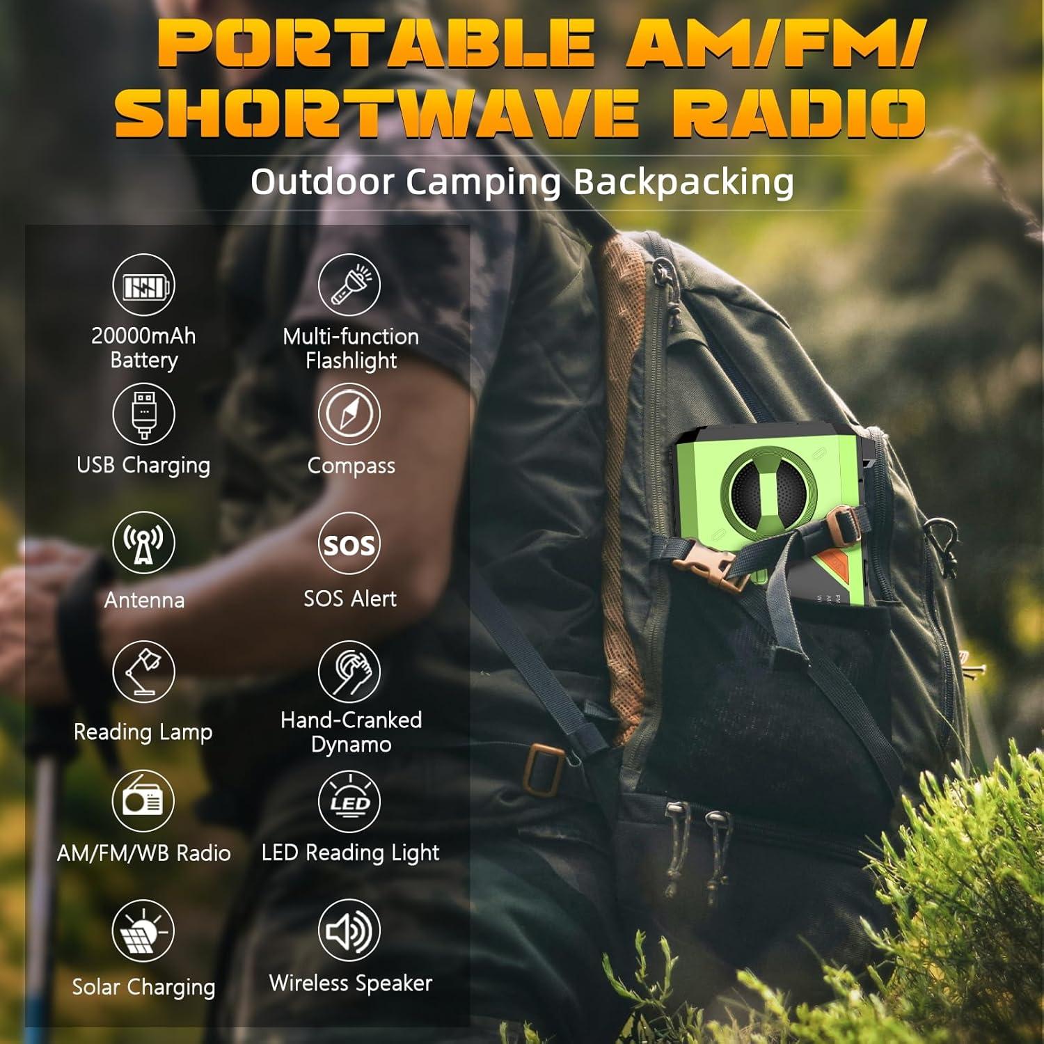 20000mAh Hand Crank Emergency Radio,AM/FM NOAA Weather Radio with 74000mWh Power Bank Cell Phone Charger,Solar Radio with LED Flashlight,USB Charged,Compass,SOS Alarm Camping & Survival(Grass Green)