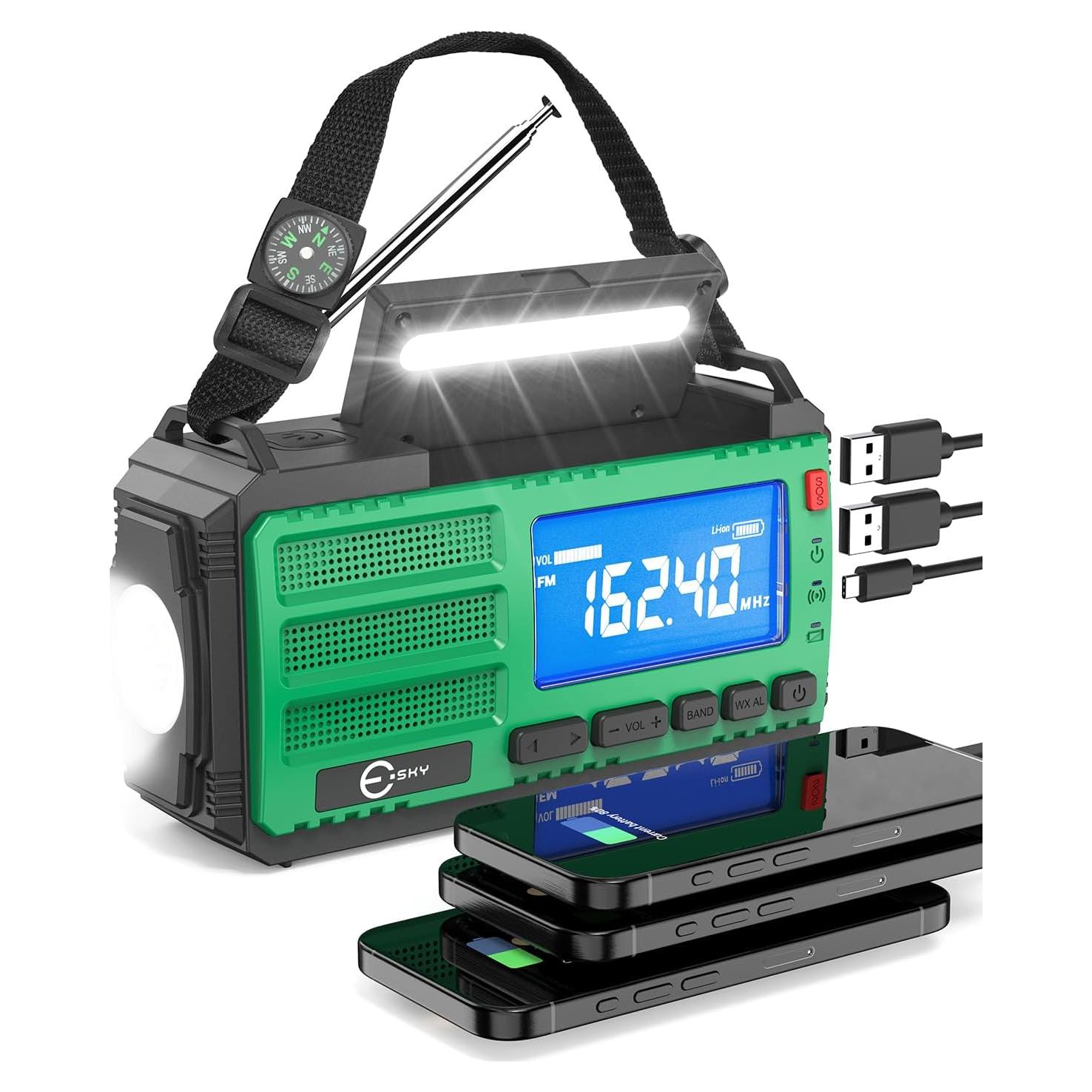 Esky 10000mAh/37000mWh Emergency Hand Crank Radio, AM/FM/NOAA Portable Rechargeable Weather Alert Radio with Flashlight, Compass Reading Lamp, Solar Powered for Outdoor Camping Survival Gear