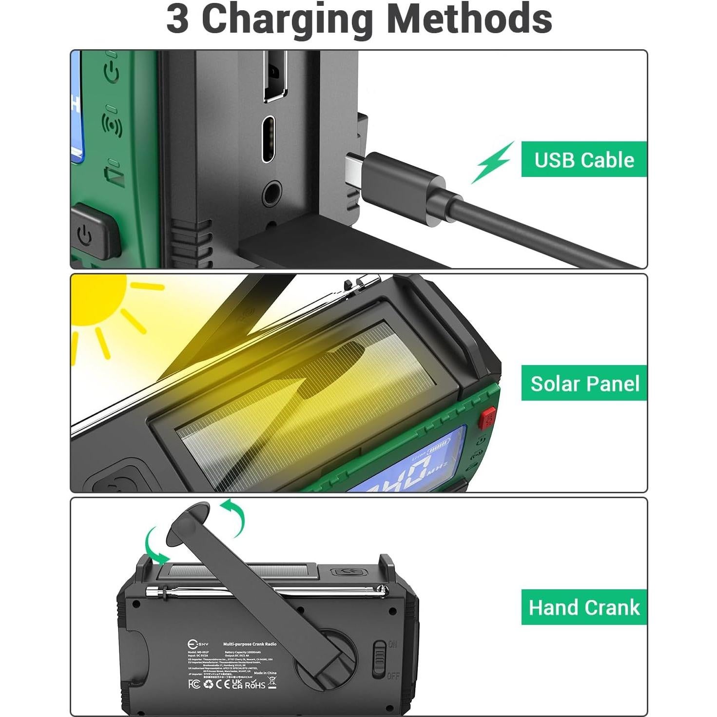 Esky 10000mAh/37000mWh Emergency Hand Crank Radio, AM/FM/NOAA Portable Rechargeable Weather Alert Radio with Flashlight, Compass Reading Lamp, Solar Powered for Outdoor Camping Survival Gear