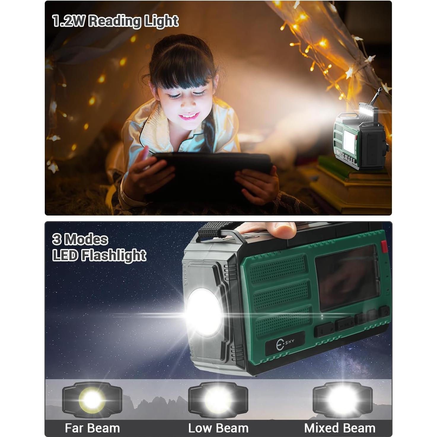 Esky 10000mAh/37000mWh Emergency Hand Crank Radio, AM/FM/NOAA Portable Rechargeable Weather Alert Radio with Flashlight, Compass Reading Lamp, Solar Powered for Outdoor Camping Survival Gear