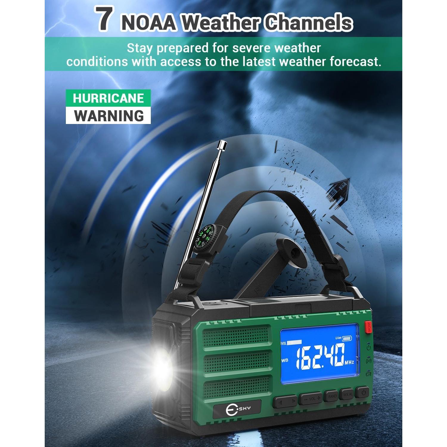 Esky 10000mAh/37000mWh Emergency Hand Crank Radio, AM/FM/NOAA Portable Rechargeable Weather Alert Radio with Flashlight, Compass Reading Lamp, Solar Powered for Outdoor Camping Survival Gear