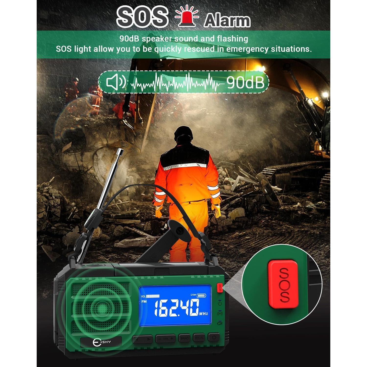 Esky 10000mAh/37000mWh Emergency Hand Crank Radio, AM/FM/NOAA Portable Rechargeable Weather Alert Radio with Flashlight, Compass Reading Lamp, Solar Powered for Outdoor Camping Survival Gear