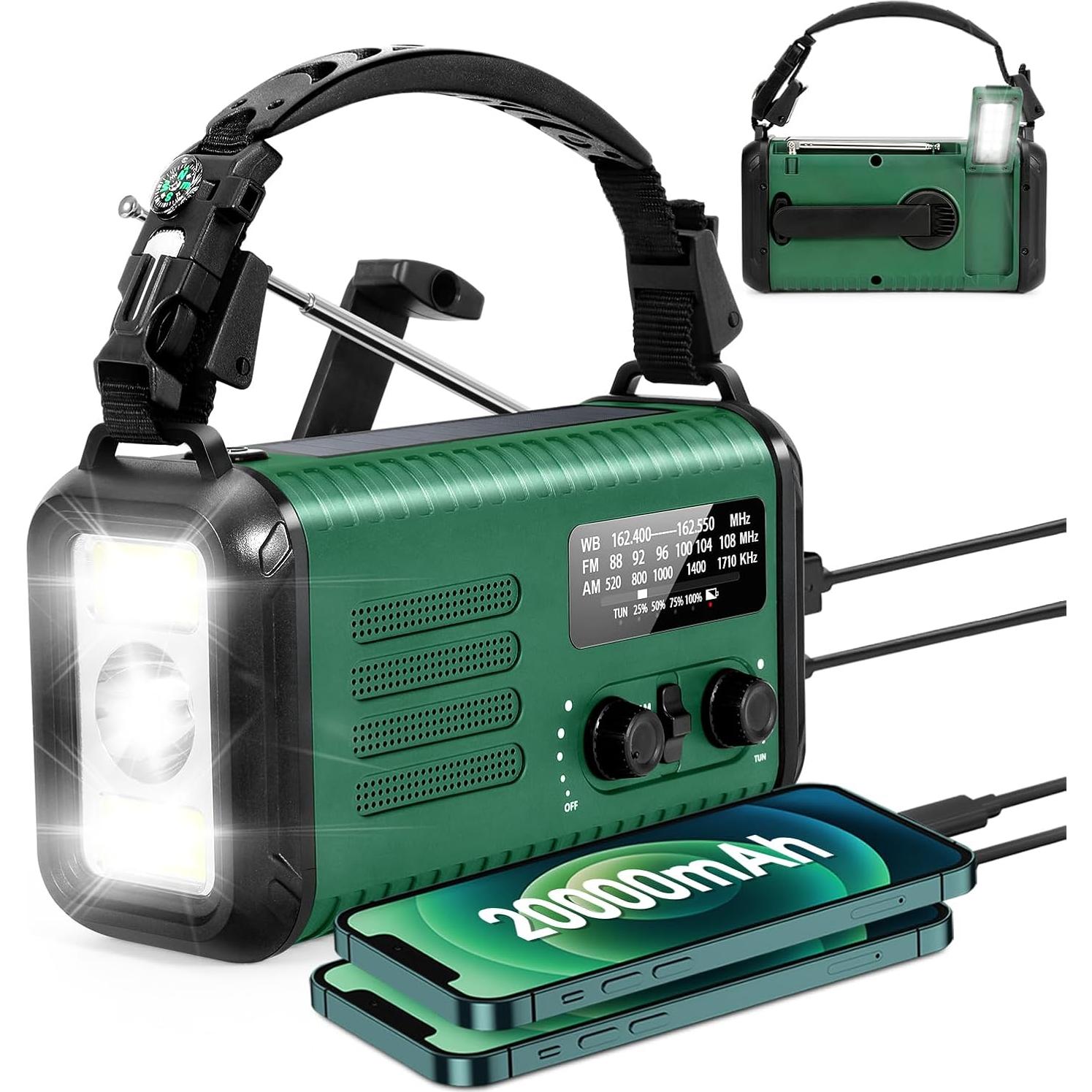 20000mAh / 74000mWh Emergency Radio, Solar Hand Crank Radio AM/FM/NOAA Weather Radio, Battery Powered with Cell Phone Charger, SOS Alarm, Flashlight & Reading Lamp for Emergencies Hurricane Camping