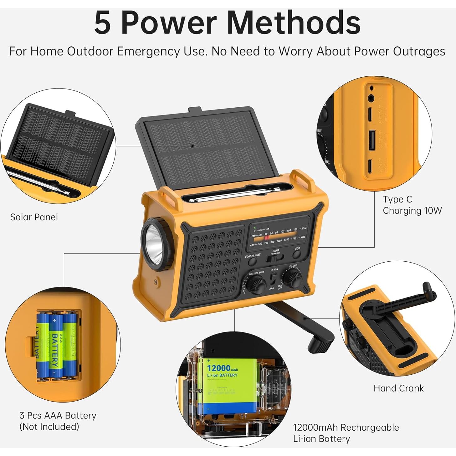Radio Meteorológica Portátil NOAA AM FM Mesqool 12000mAh Solar