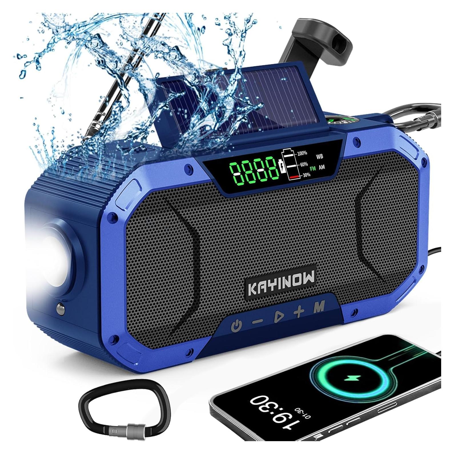 Hand Crank Emergency Weather Radio Solar Power with AM FM NOAA,Wind Up Flashlight,Cell Phone Charger, 5000mAh Rechargeable Battery,SOS Alarm,Portable,Waterproof,for Survival,Storm and Power Outage