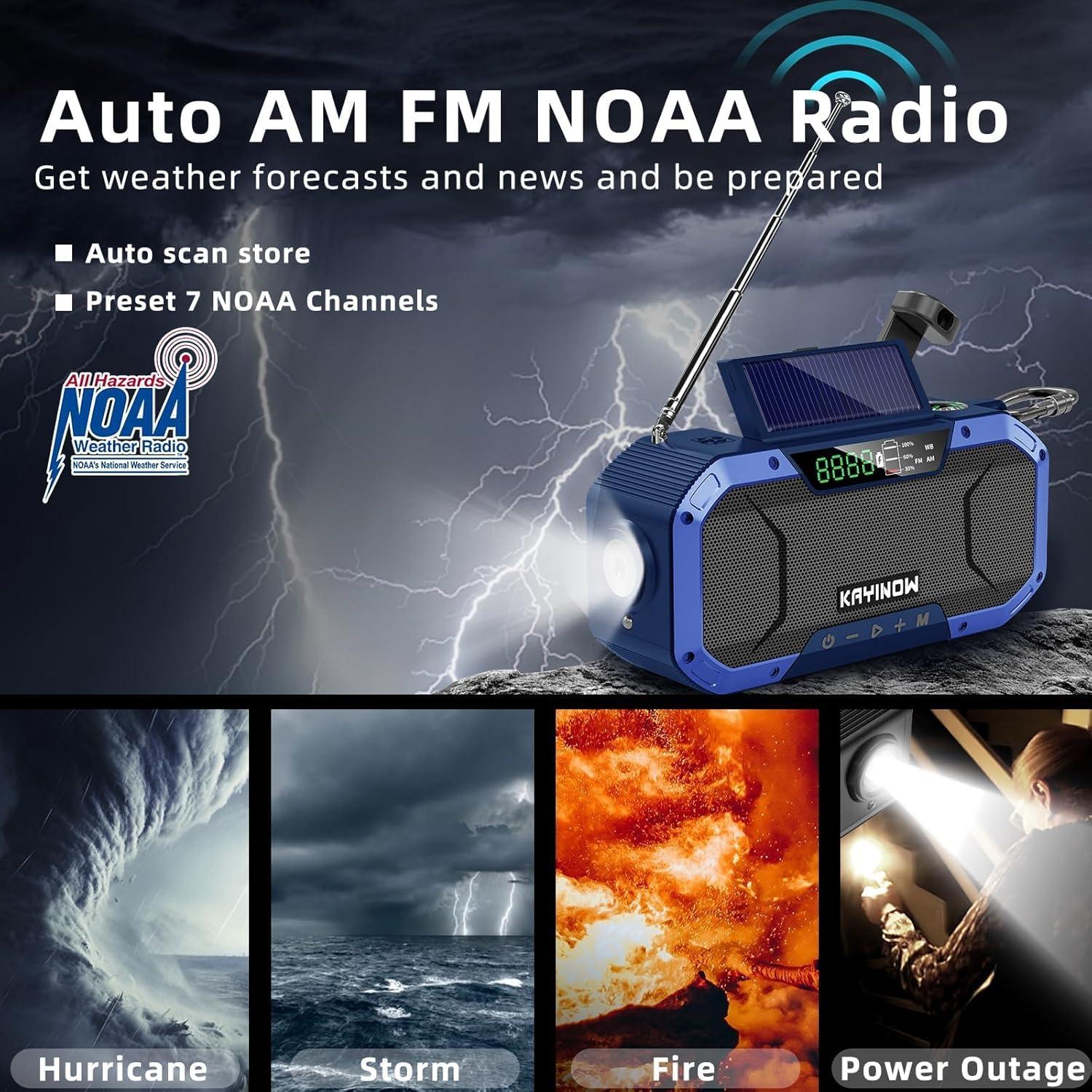 Hand Crank Emergency Weather Radio Solar Power with AM FM NOAA,Wind Up Flashlight,Cell Phone Charger, 5000mAh Rechargeable Battery,SOS Alarm,Portable,Waterproof,for Survival,Storm and Power Outage