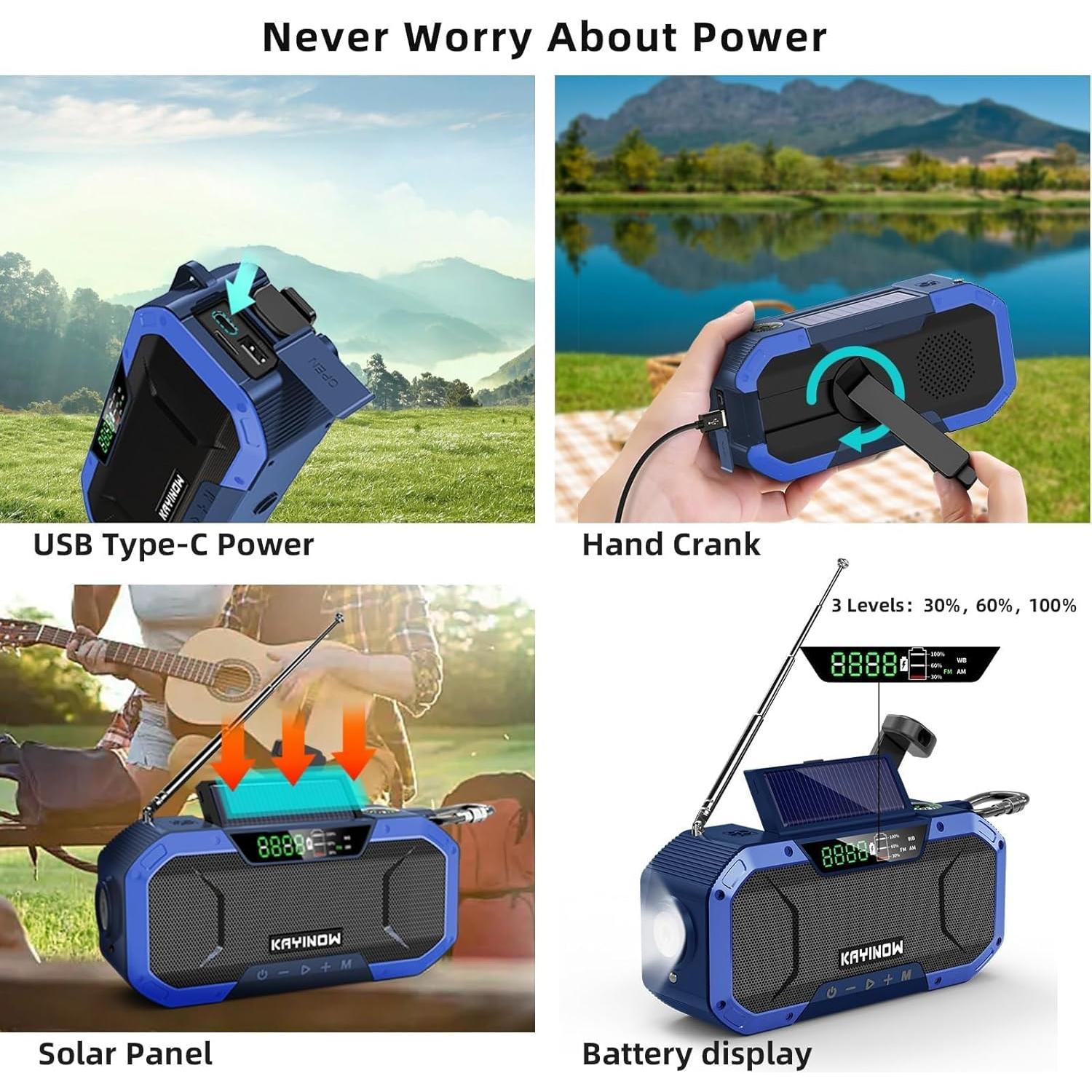 Hand Crank Emergency Weather Radio Solar Power with AM FM NOAA,Wind Up Flashlight,Cell Phone Charger, 5000mAh Rechargeable Battery,SOS Alarm,Portable,Waterproof,for Survival,Storm and Power Outage
