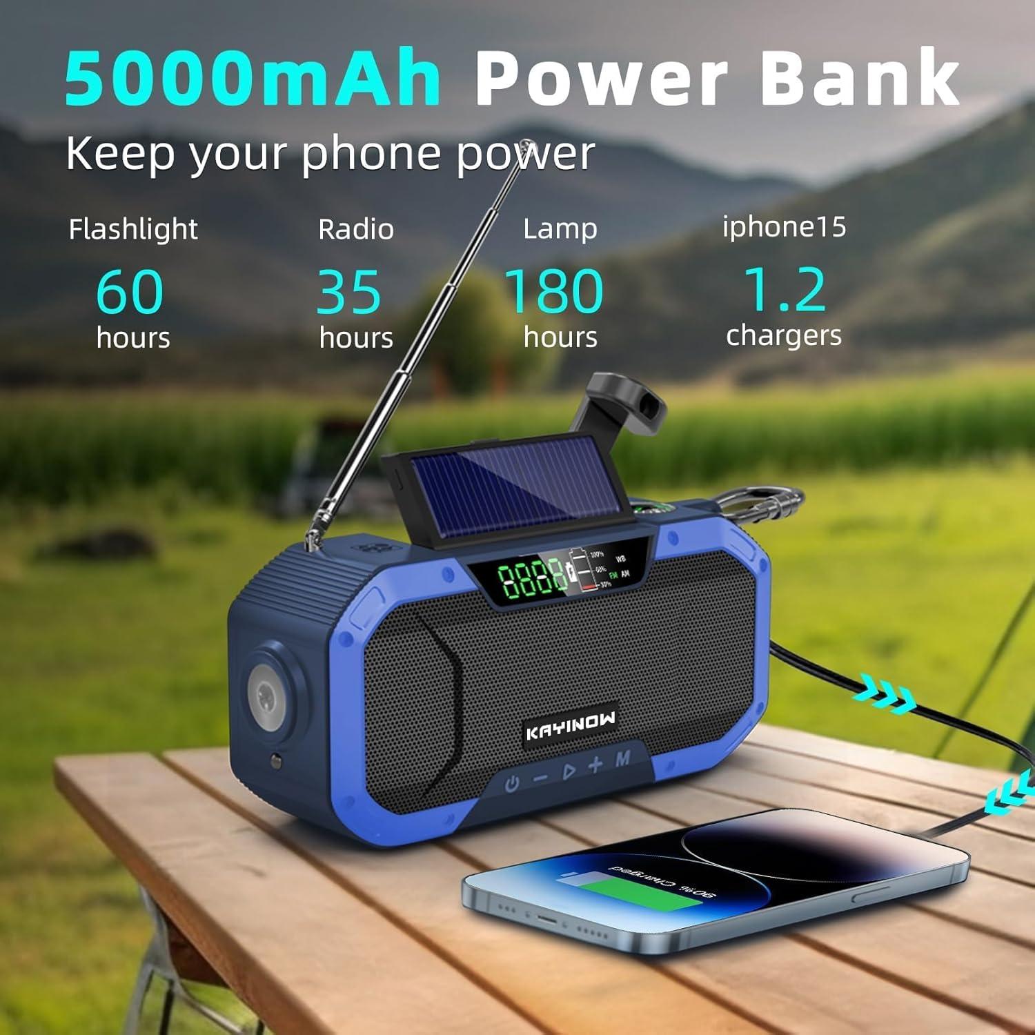 Hand Crank Emergency Weather Radio Solar Power with AM FM NOAA,Wind Up Flashlight,Cell Phone Charger, 5000mAh Rechargeable Battery,SOS Alarm,Portable,Waterproof,for Survival,Storm and Power Outage