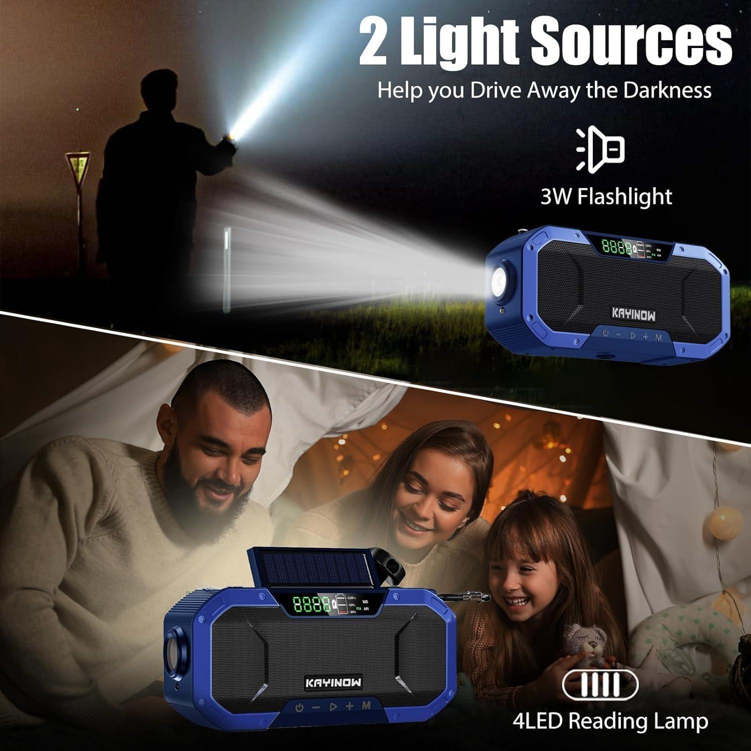 Hand Crank Emergency Weather Radio Solar Power with AM FM NOAA,Wind Up Flashlight,Cell Phone Charger, 5000mAh Rechargeable Battery,SOS Alarm,Portable,Waterproof,for Survival,Storm and Power Outage