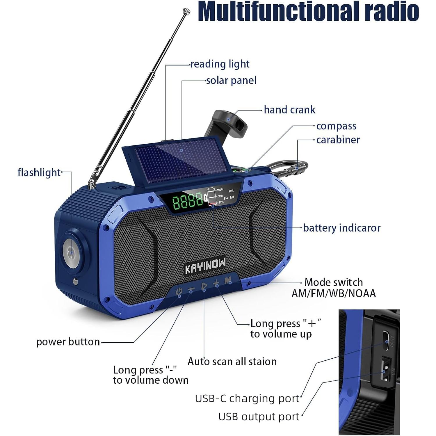 Hand Crank Emergency Weather Radio Solar Power with AM FM NOAA,Wind Up Flashlight,Cell Phone Charger, 5000mAh Rechargeable Battery,SOS Alarm,Portable,Waterproof,for Survival,Storm and Power Outage