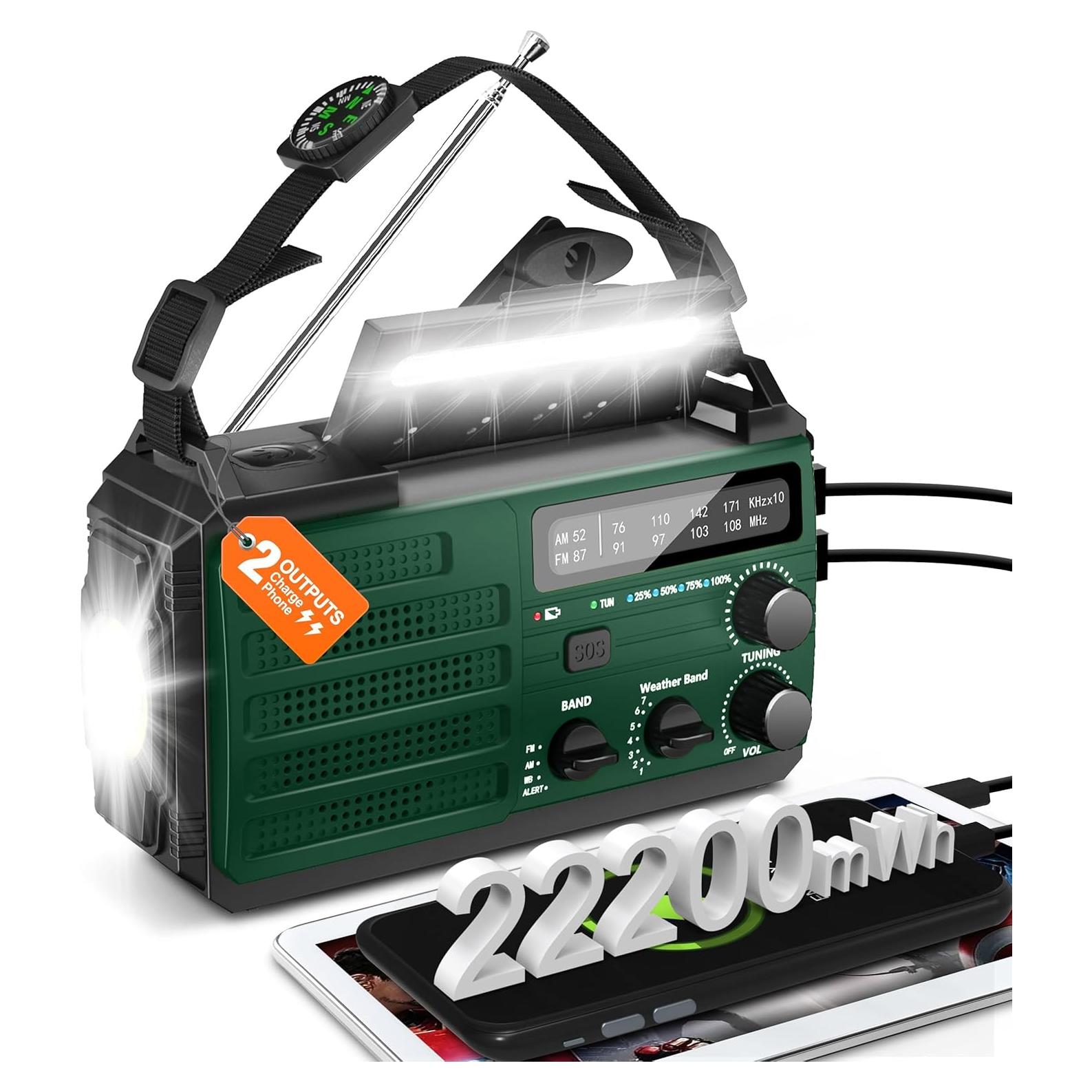 Hand Crank Emergency Radio, 6000mAh/22200mWh Solar AM FM NOAA Weather Alert Radio, 3-Mode Flashlight, Reading Lamp, SOS Alarm, Phone Charger for Winter Storm and Emergency