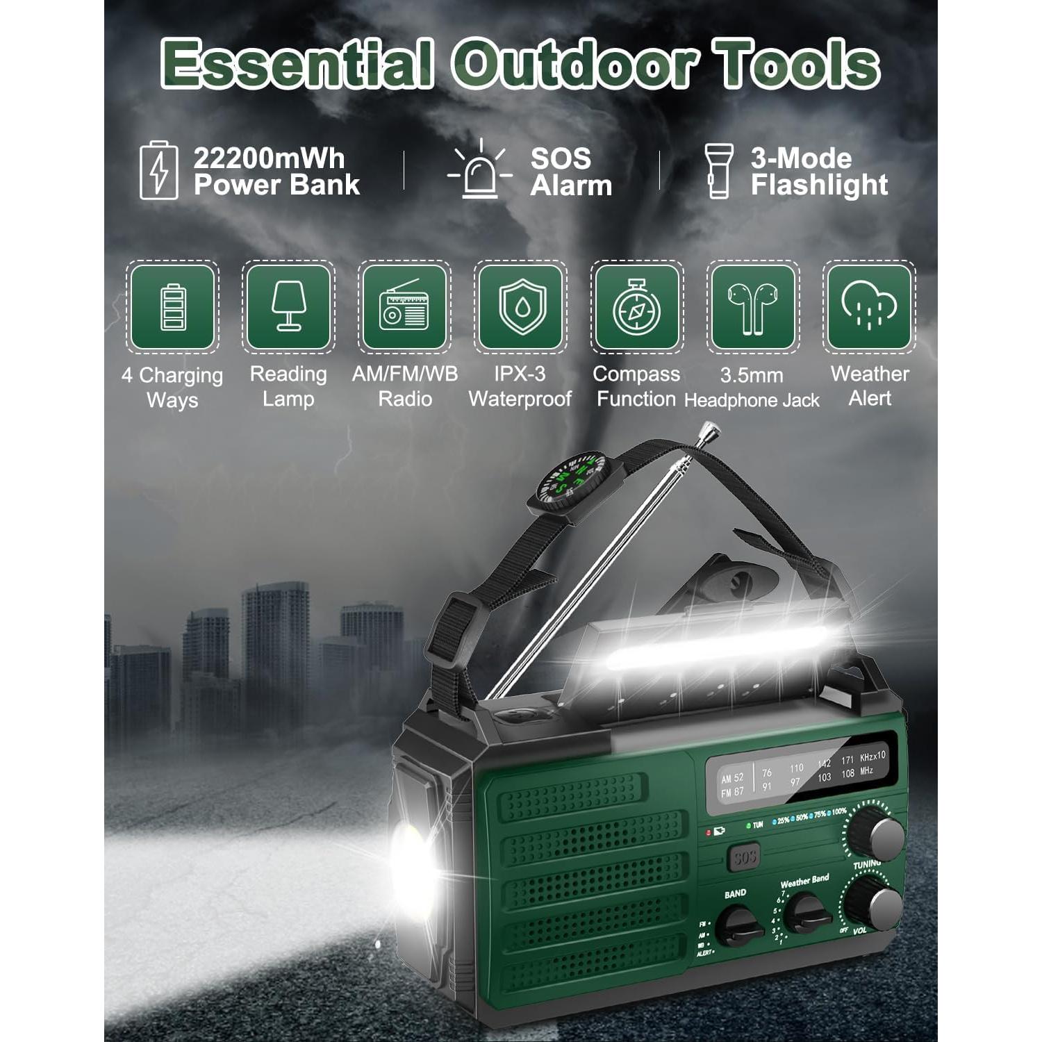 Hand Crank Emergency Radio, 6000mAh/22200mWh Solar AM FM NOAA Weather Alert Radio, 3-Mode Flashlight, Reading Lamp, SOS Alarm, Phone Charger for Winter Storm and Emergency