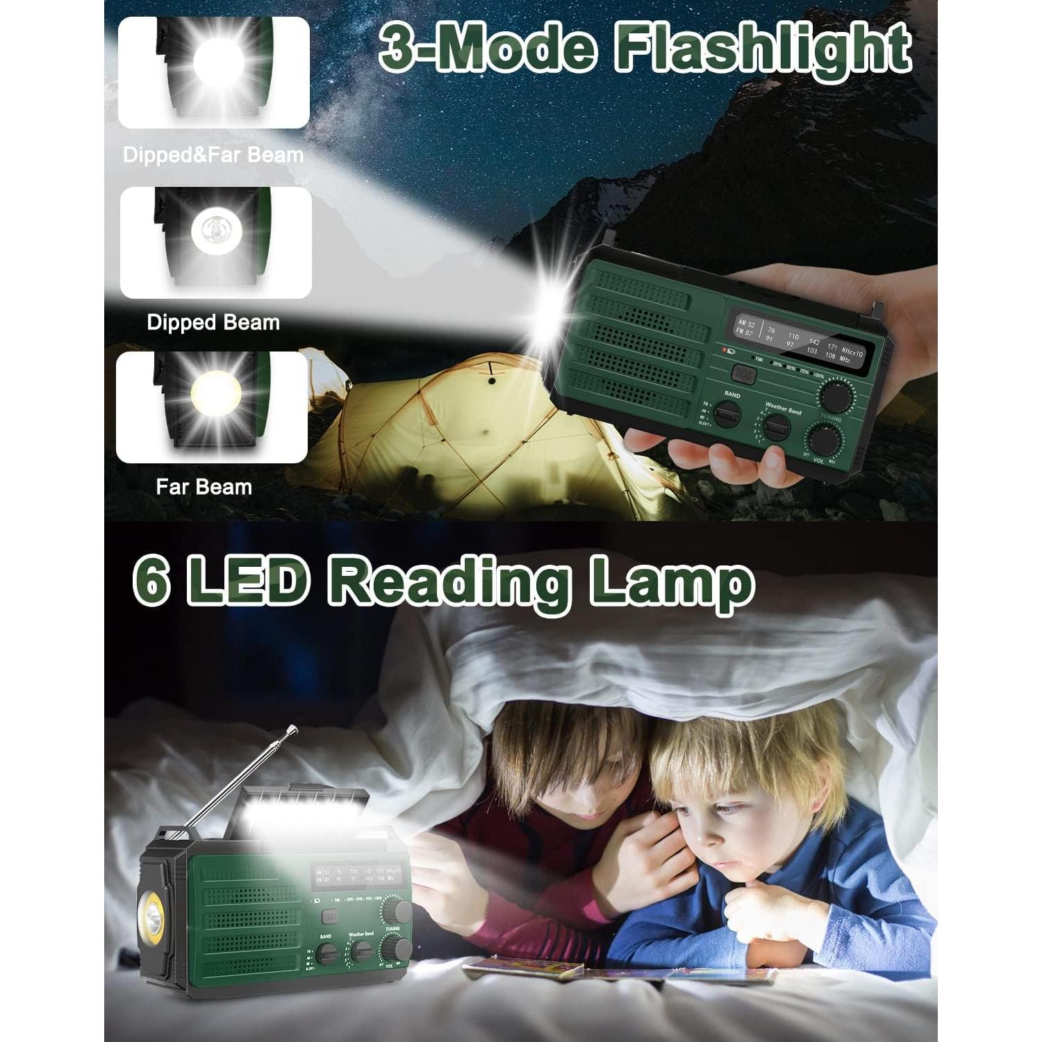 Hand Crank Emergency Radio, 6000mAh/22200mWh Solar AM FM NOAA Weather Alert Radio, 3-Mode Flashlight, Reading Lamp, SOS Alarm, Phone Charger for Winter Storm and Emergency