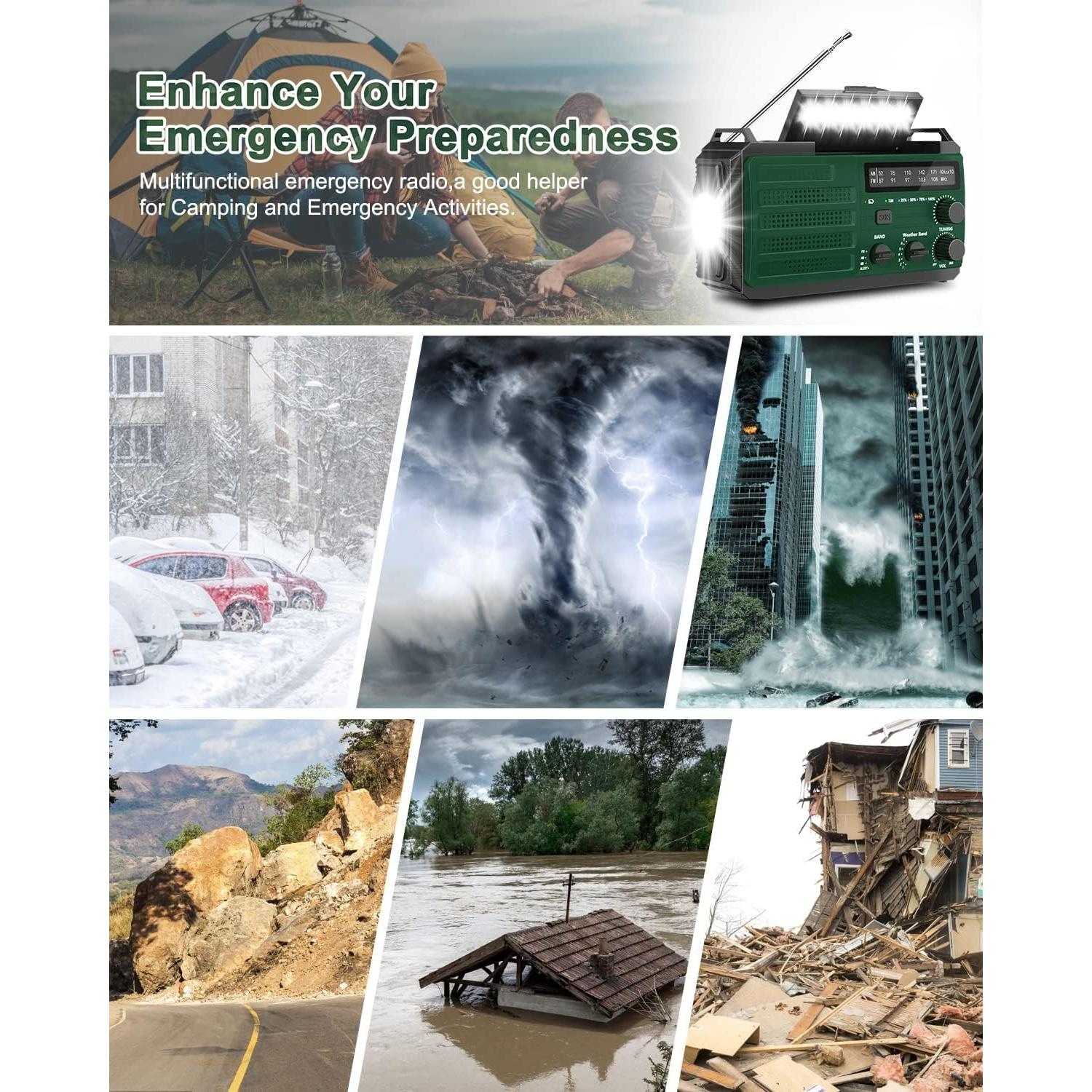 Hand Crank Emergency Radio, 6000mAh/22200mWh Solar AM FM NOAA Weather Alert Radio, 3-Mode Flashlight, Reading Lamp, SOS Alarm, Phone Charger for Winter Storm and Emergency