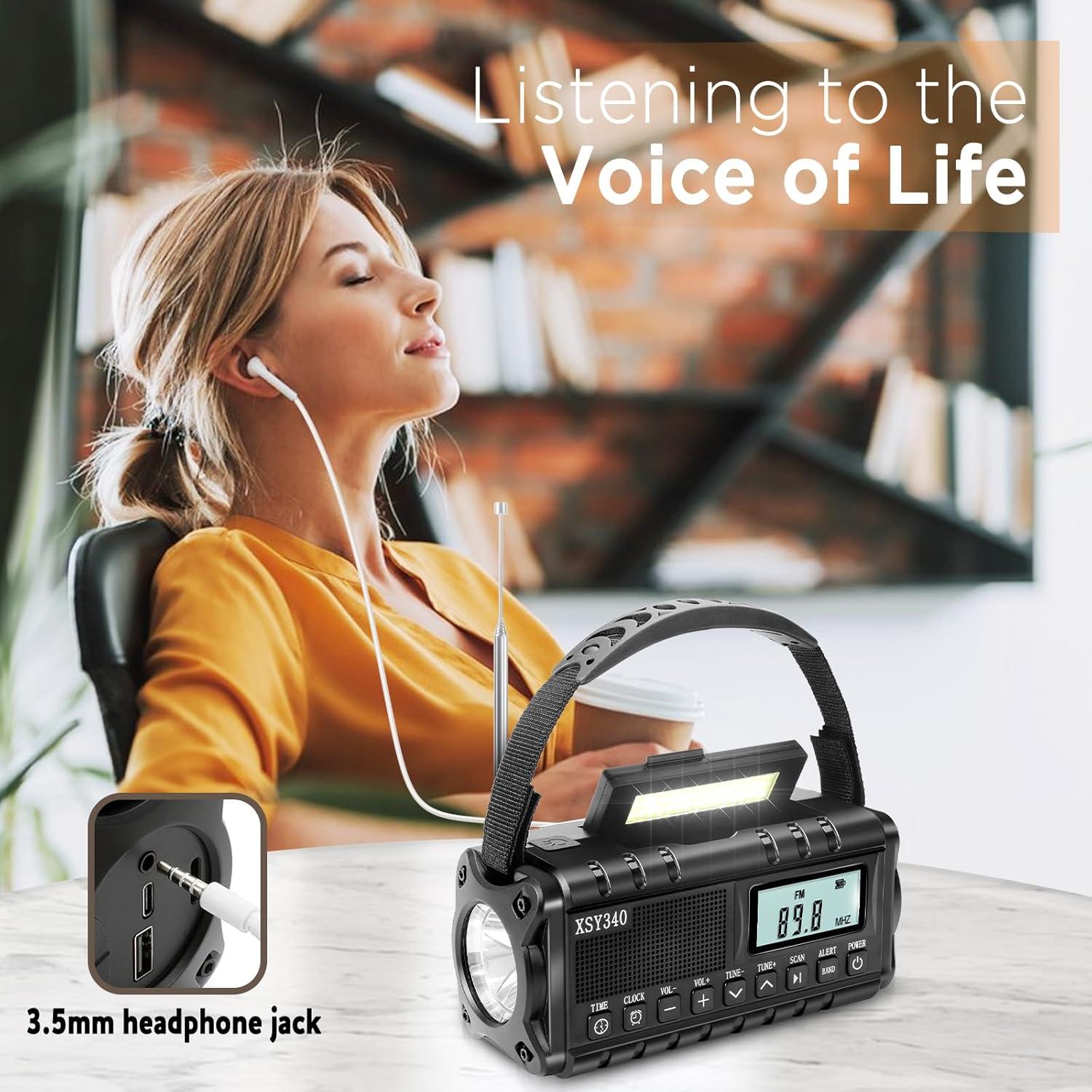 10000mAh/37000mWh Emergency Hand Crank Radio,AM FM NOAA Weather Alert Radio, Digital Display,3 Ways Powered Hand Crank,Solar with Type-C Charger,Flashlight,Reading Lamp,Headphone Jack,SOS Alarm