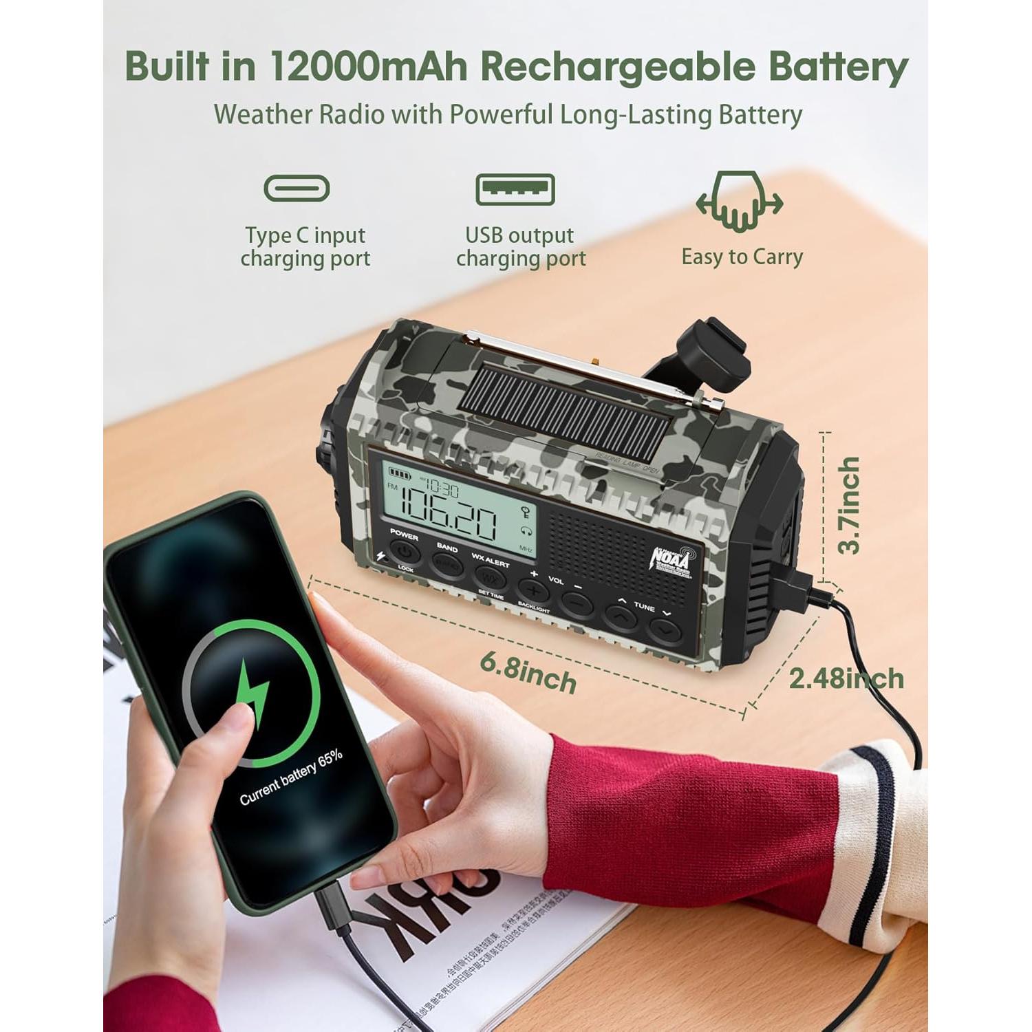 Radio de Emergencia Manivela 12000mAh NOAA Camuflaje