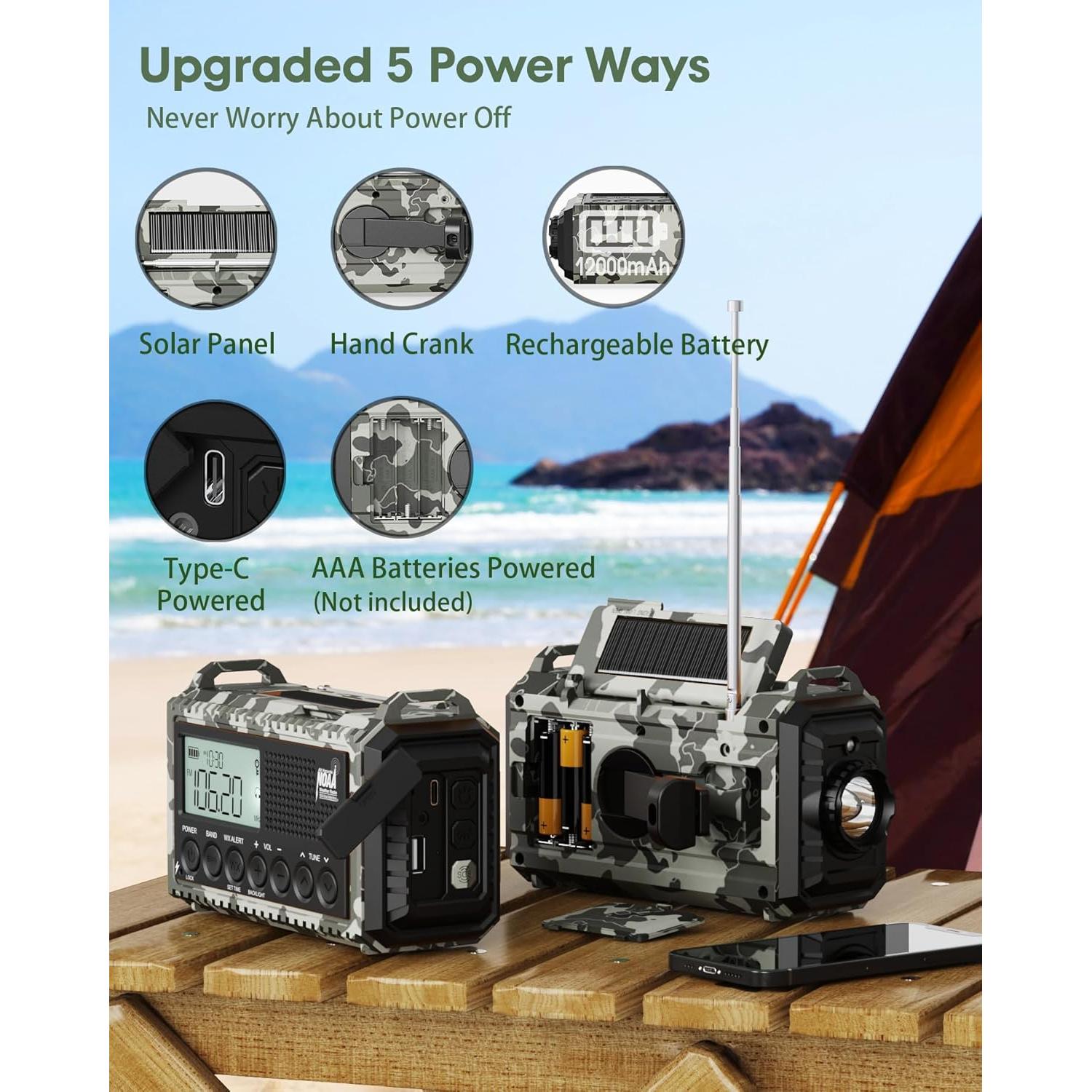 Radio de Emergencia Manivela 12000mAh NOAA Camuflaje