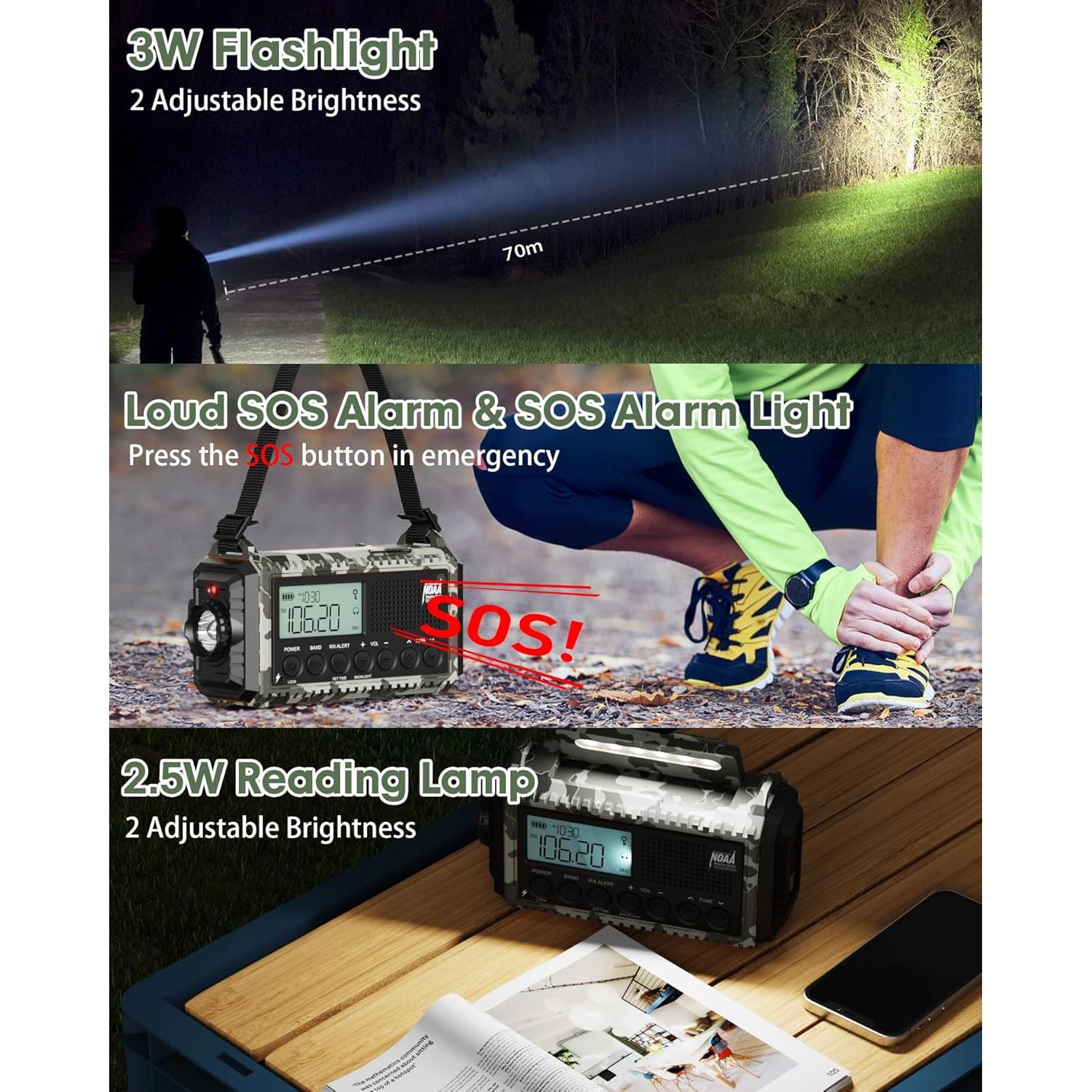 Radio de Emergencia Manivela 12000mAh NOAA Camuflaje