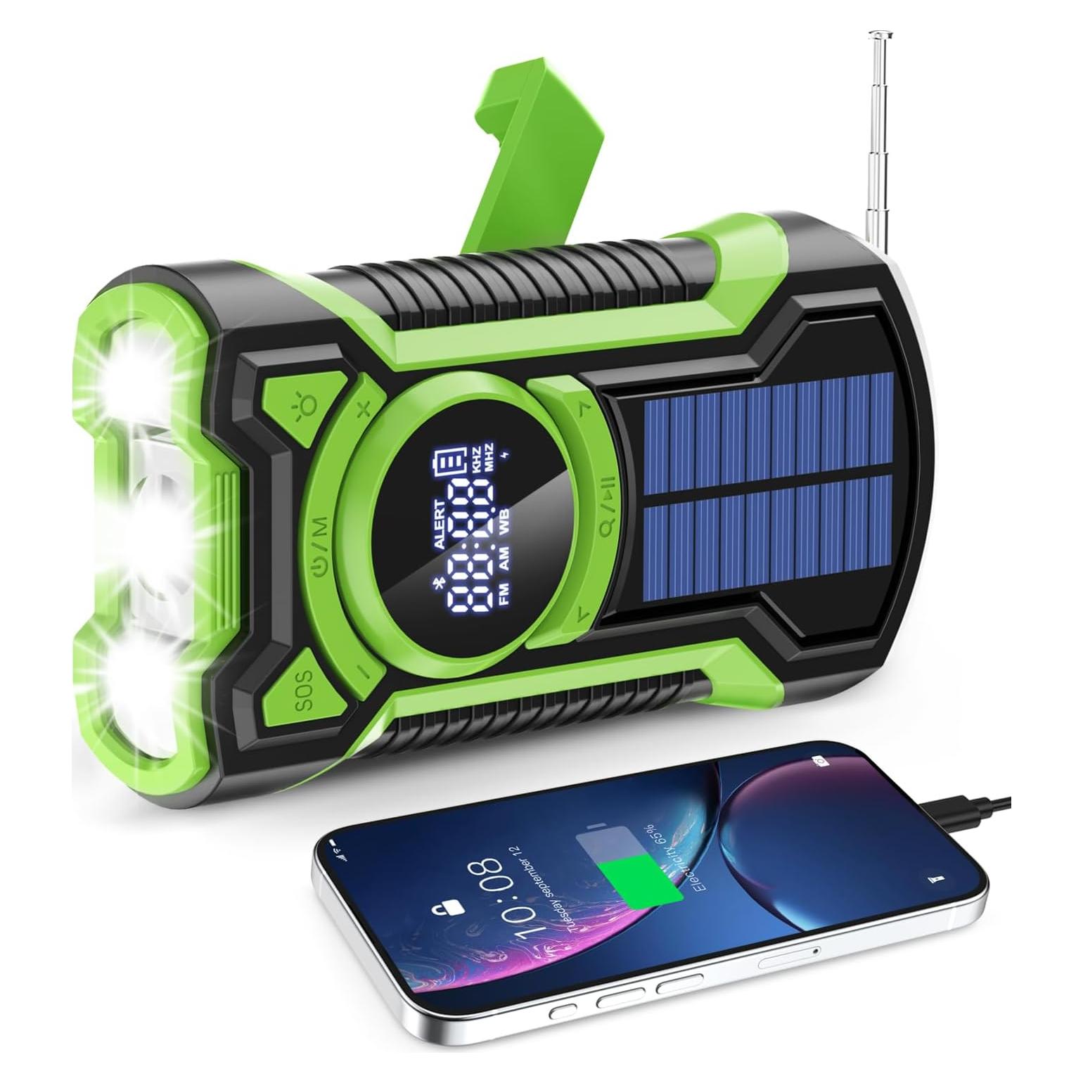 IPX5 Waterproof Emergency Weather Radio, Bluetooth Portable AM/FM/NOAA Hand Crank Radio Solar Charging, with Flashlight and 5000mAh Cell Phone Charger, USB or Battery Powered Radio with SOS Alarm
