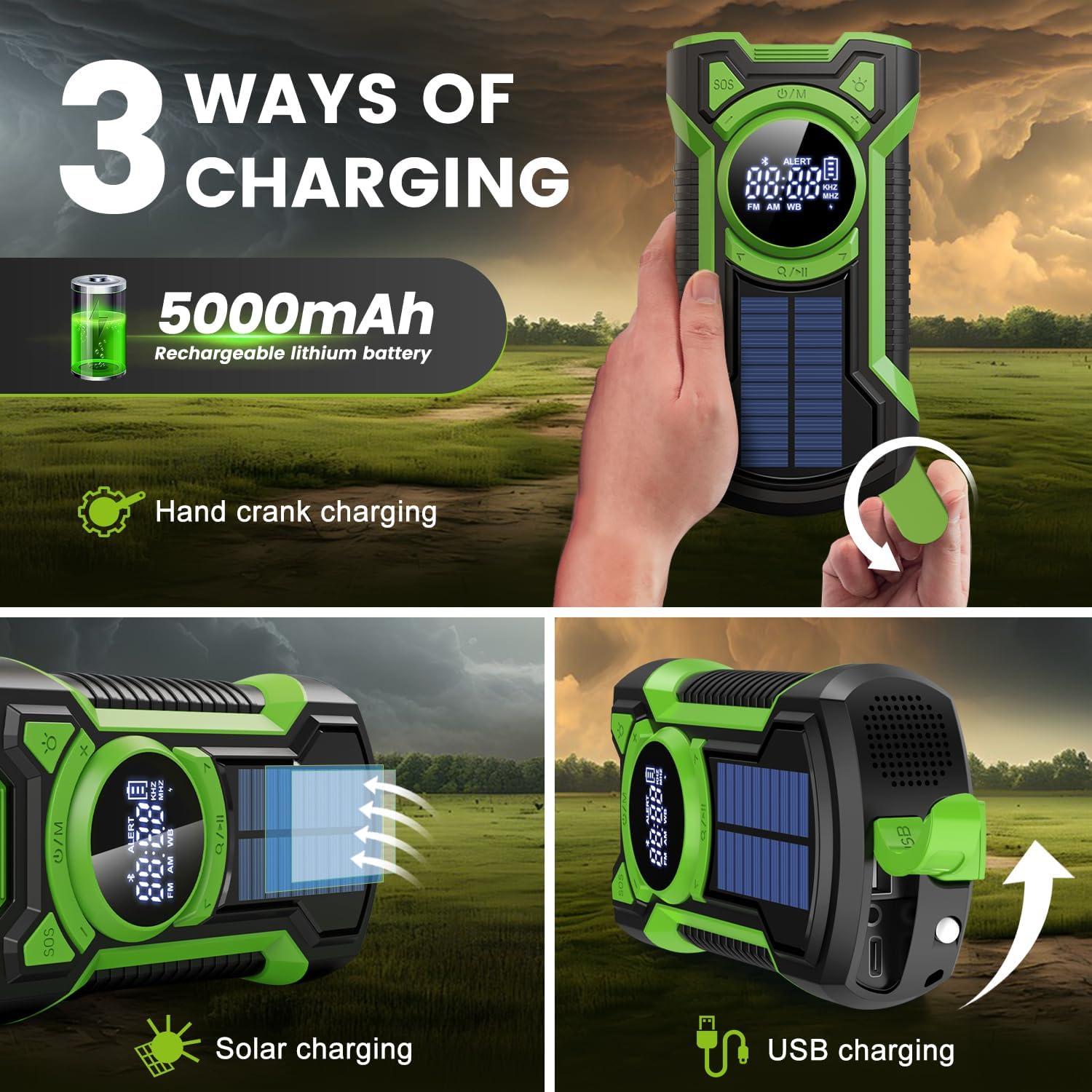 IPX5 Waterproof Emergency Weather Radio, Bluetooth Portable AM/FM/NOAA Hand Crank Radio Solar Charging, with Flashlight and 5000mAh Cell Phone Charger, USB or Battery Powered Radio with SOS Alarm